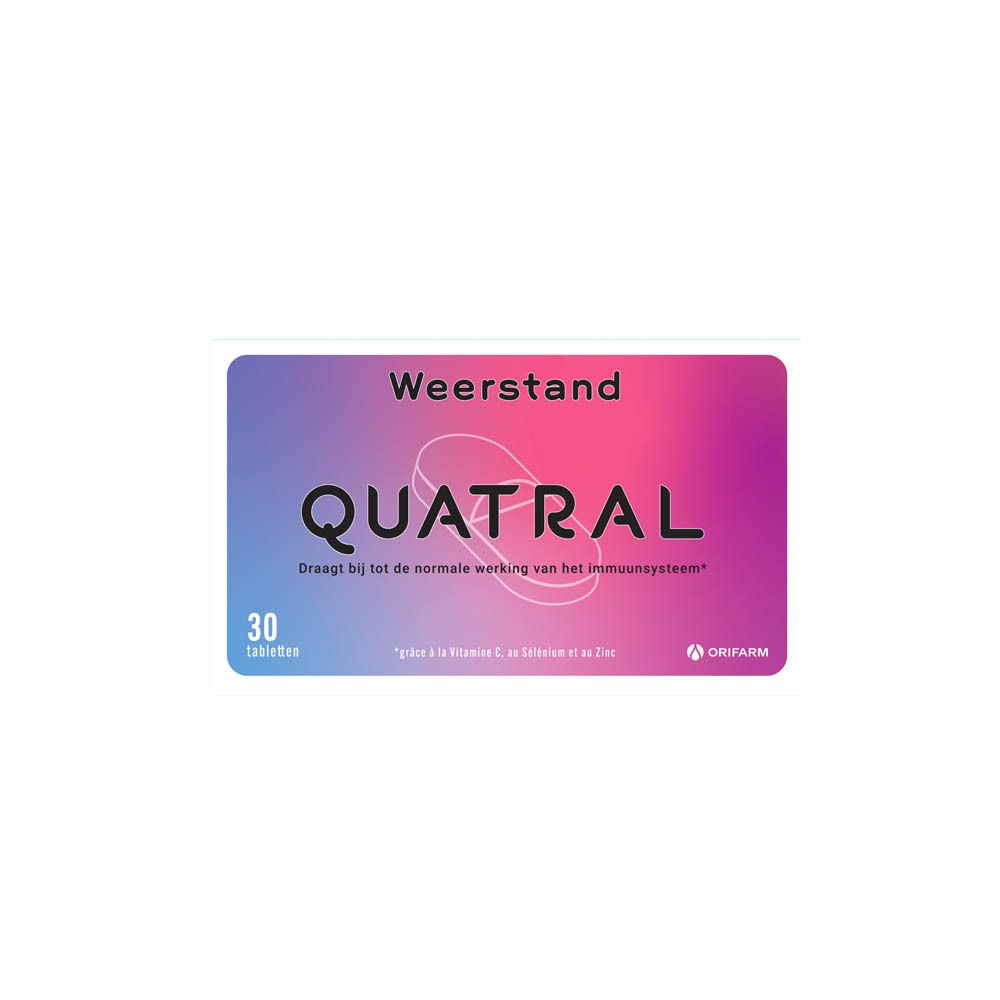 Quatral tablettenverpakking. Opschrift: Weerstand. Bevat 30 tabletten. Orifarm logo.