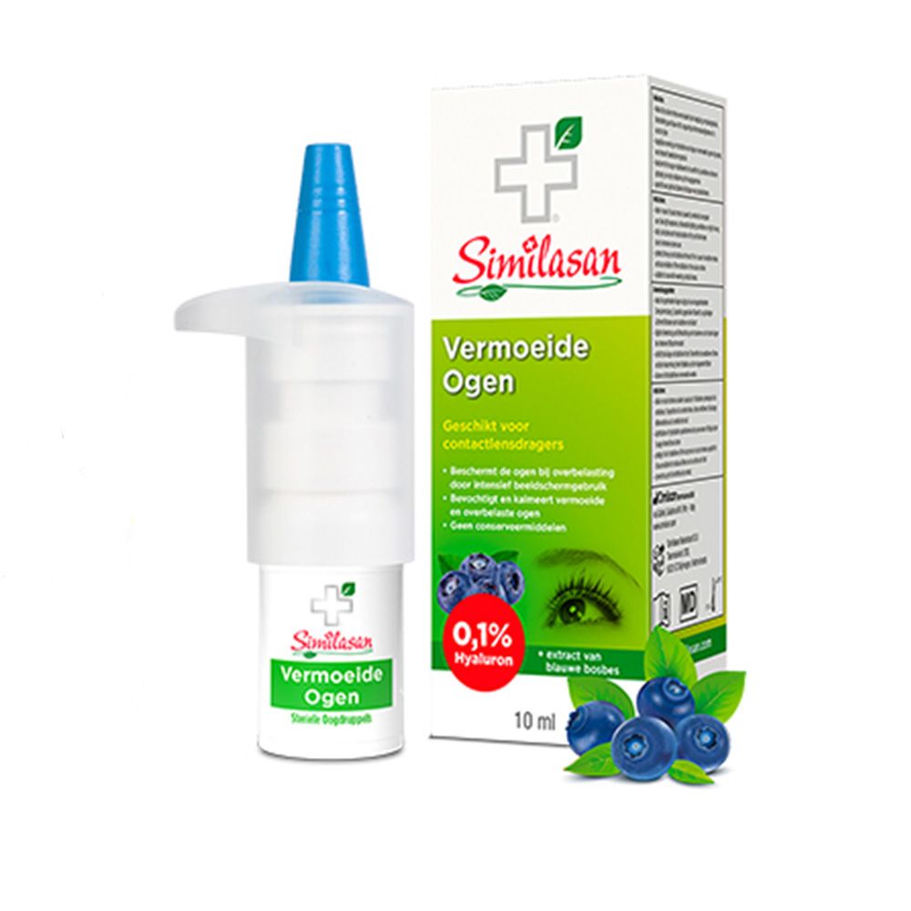 Verpakking en fles. Opschrift: Similasan, Vermoeide Ogen, 0,1% Hyaluron.