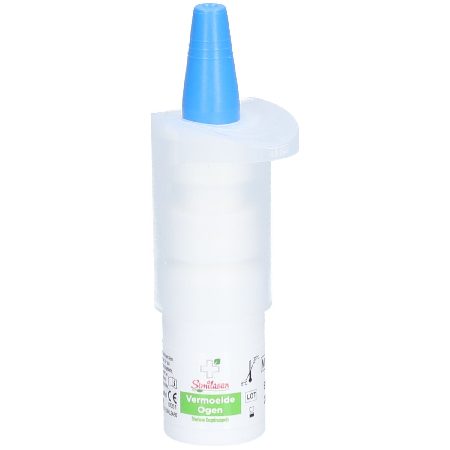 Witte fles met blauwe dop. Opschrift: Similasan, Vermoeide Ogen.