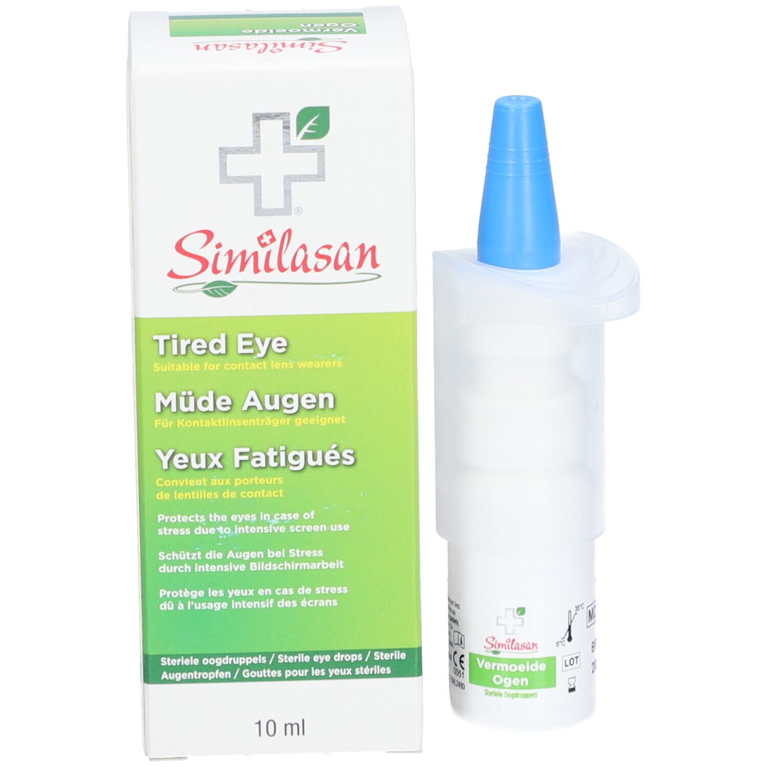 Verpakking met fles. Opschrift: Similasan, Tired Eye, Müde Augen, Yeux Fatigués.