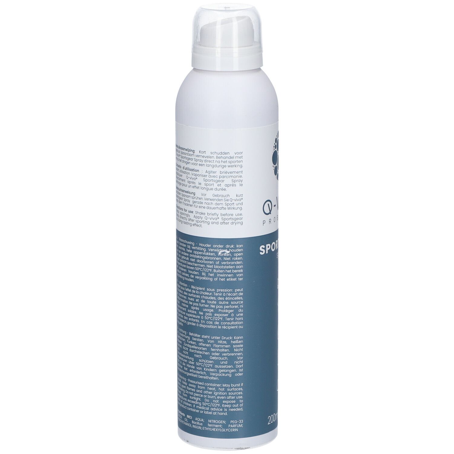 Dos de la bouteille de spray Q-VIVA Sportsgear. Texte multilingue. Bouteille blanche avec étiquette bleue.