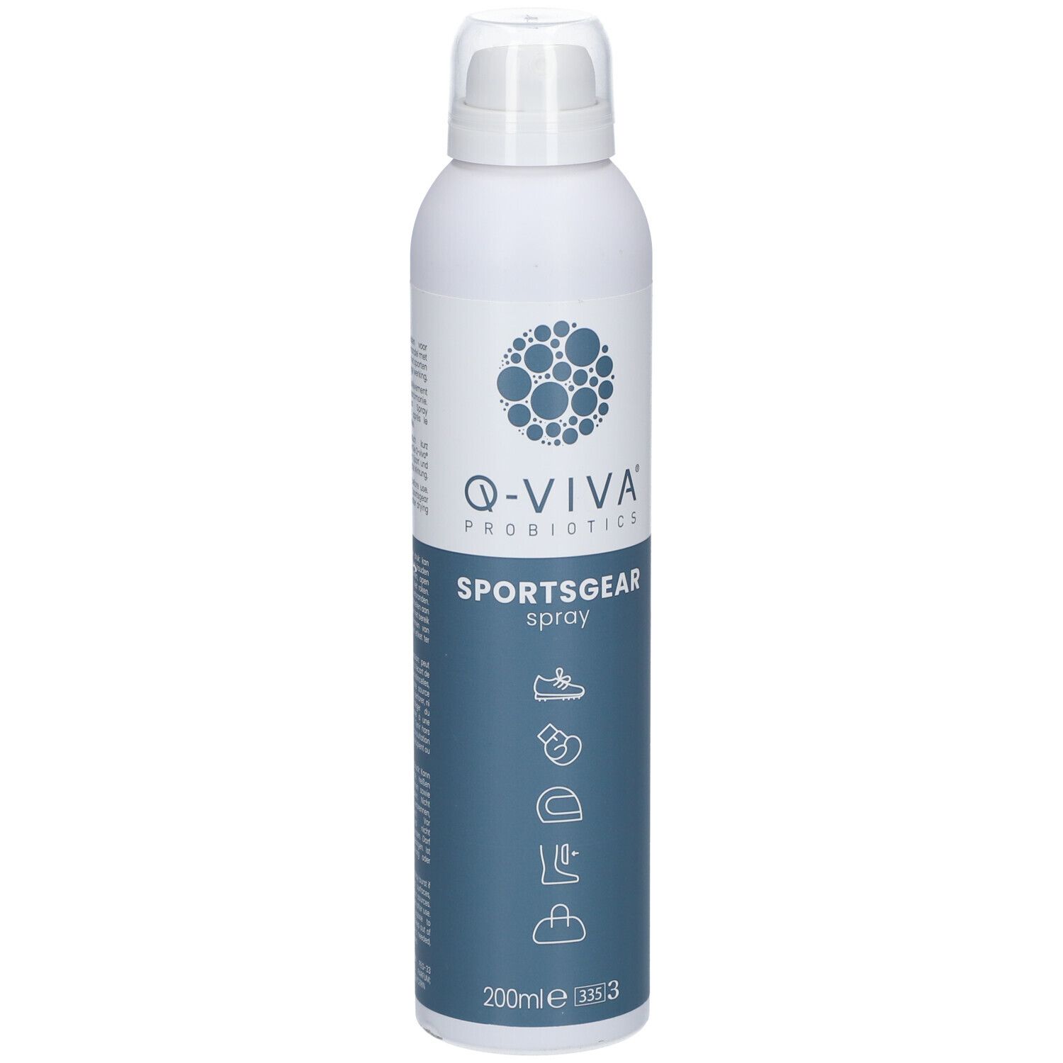 Spray Q-VIVA Sportsgear. Bouteille blanche avec étiquette bleue. Nom du produit et logos visibles. 200ml.