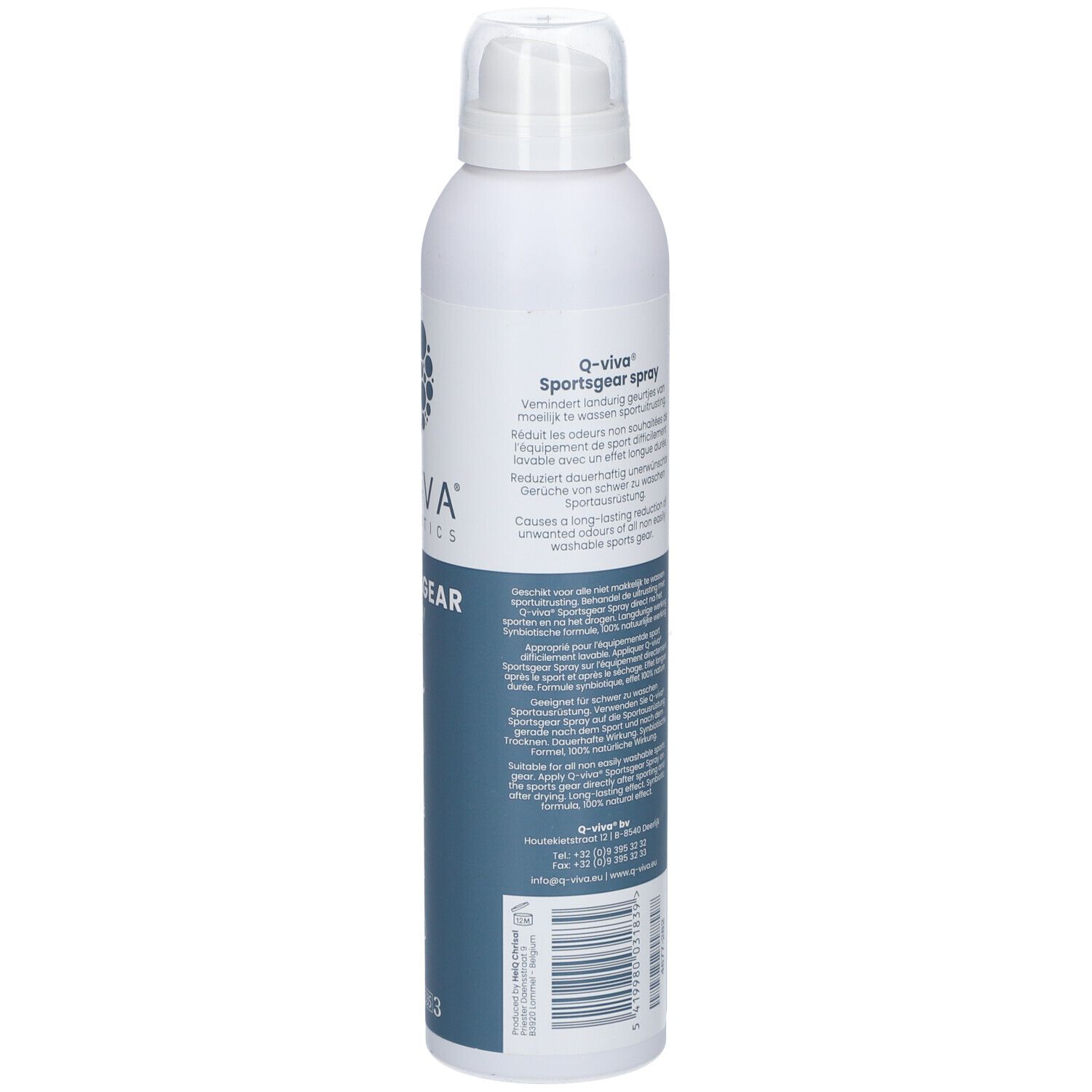 Dos de la bouteille de spray Q-VIVA Sportsgear. Texte multilingue. Bouteille blanche avec étiquette bleue.