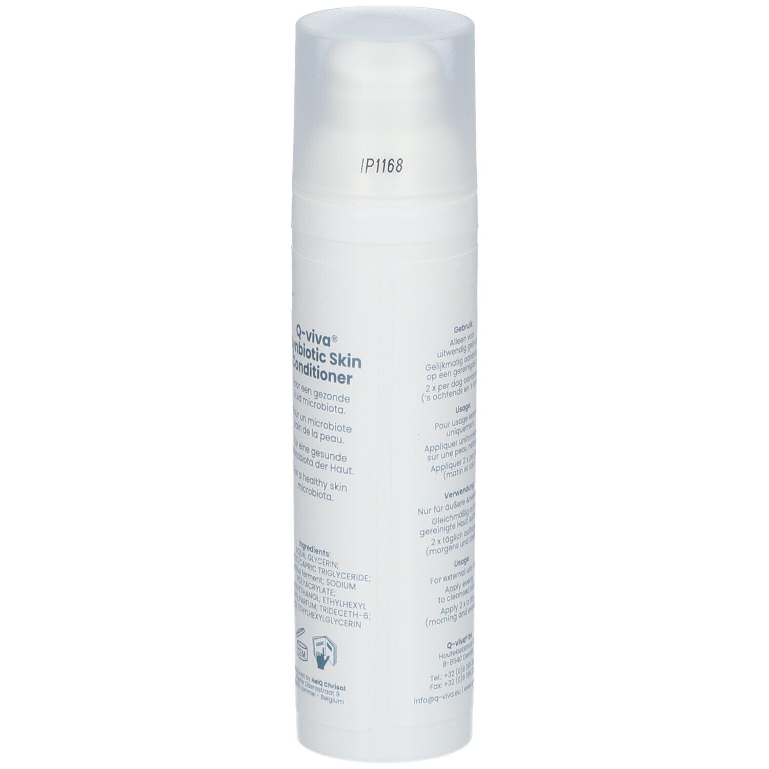 Weiße Flasche mit Zerstäuber. Text: Q-VIVA, synbiotic SKIN CONDITIONER. Rückansicht.