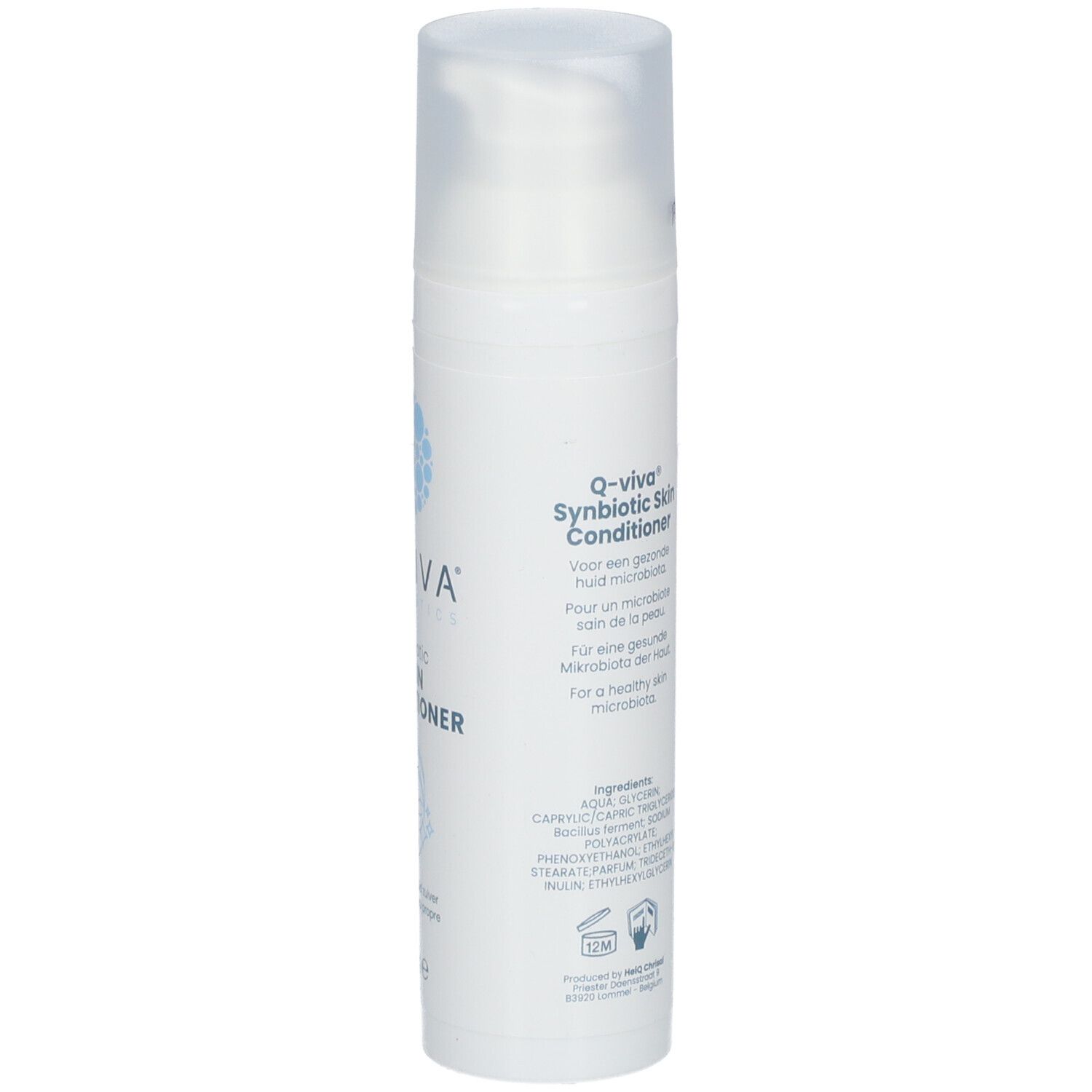 Weiße Flasche mit Zerstäuber. Text: Q-VIVA, synbiotic SKIN CONDITIONER. Inhaltsstoffe.