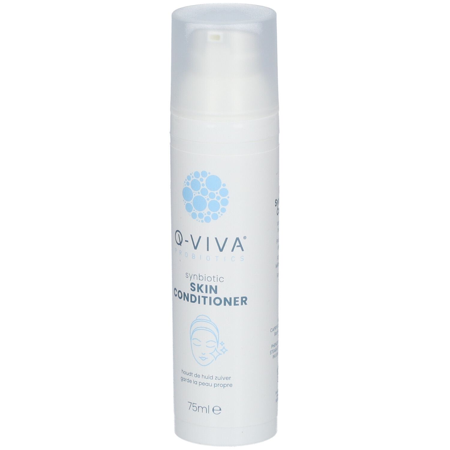 Weiße Flasche mit Zerstäuber. Aufschrift: Q-VIVA, synbiotic SKIN CONDITIONER. Illustration Gesicht.