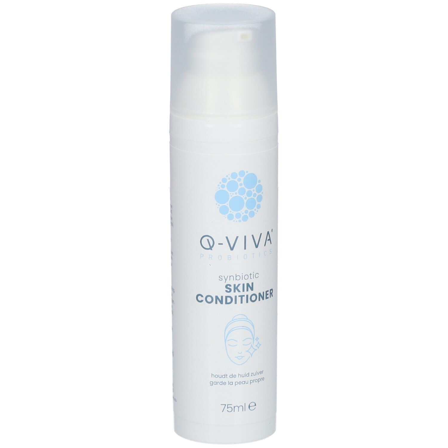 Weiße Flasche mit Zerstäuber. Aufschrift: Q-VIVA, synbiotic SKIN CONDITIONER. Illustration Gesicht.