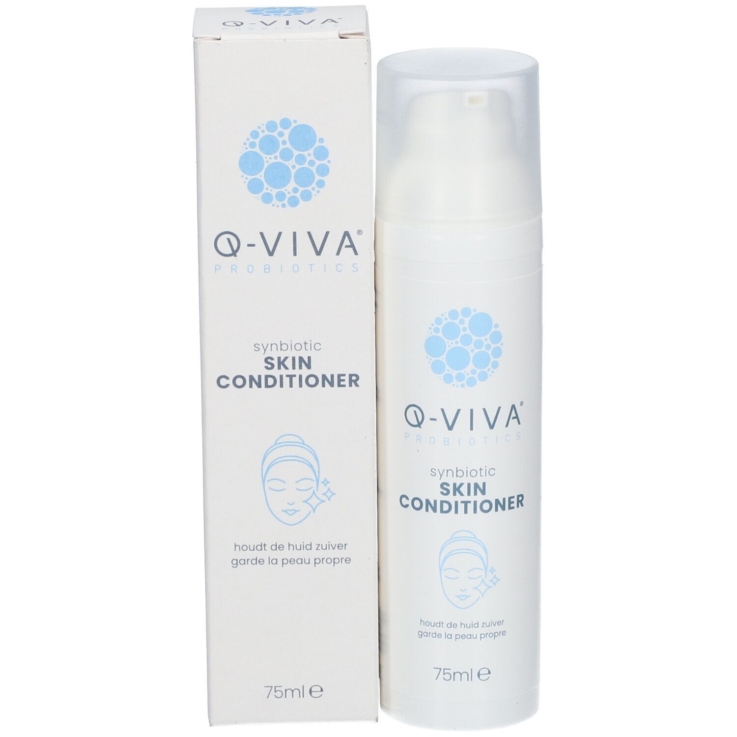 Produktflasche und Verpackung. Aufschrift: Q-VIVA, synbiotic SKIN CONDITIONER. Illustration Gesicht.