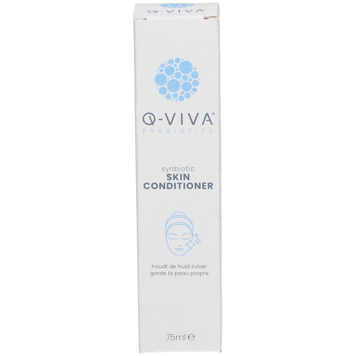 Produktverpackung. Aufschrift: Q-VIVA, synbiotic SKIN CONDITIONER. Illustration Gesicht.
