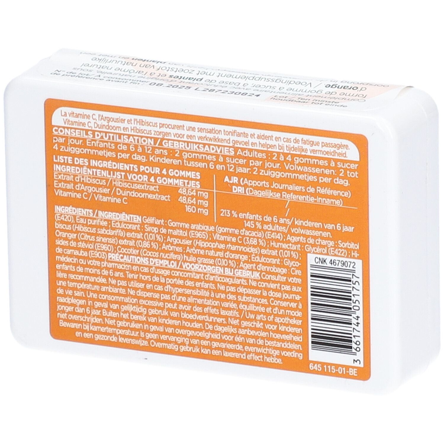 Dos de la boîte blanche. Texte multilingue. Liste des ingrédients et conseils d'utilisation. "Lehning Laboratoires" non visible.