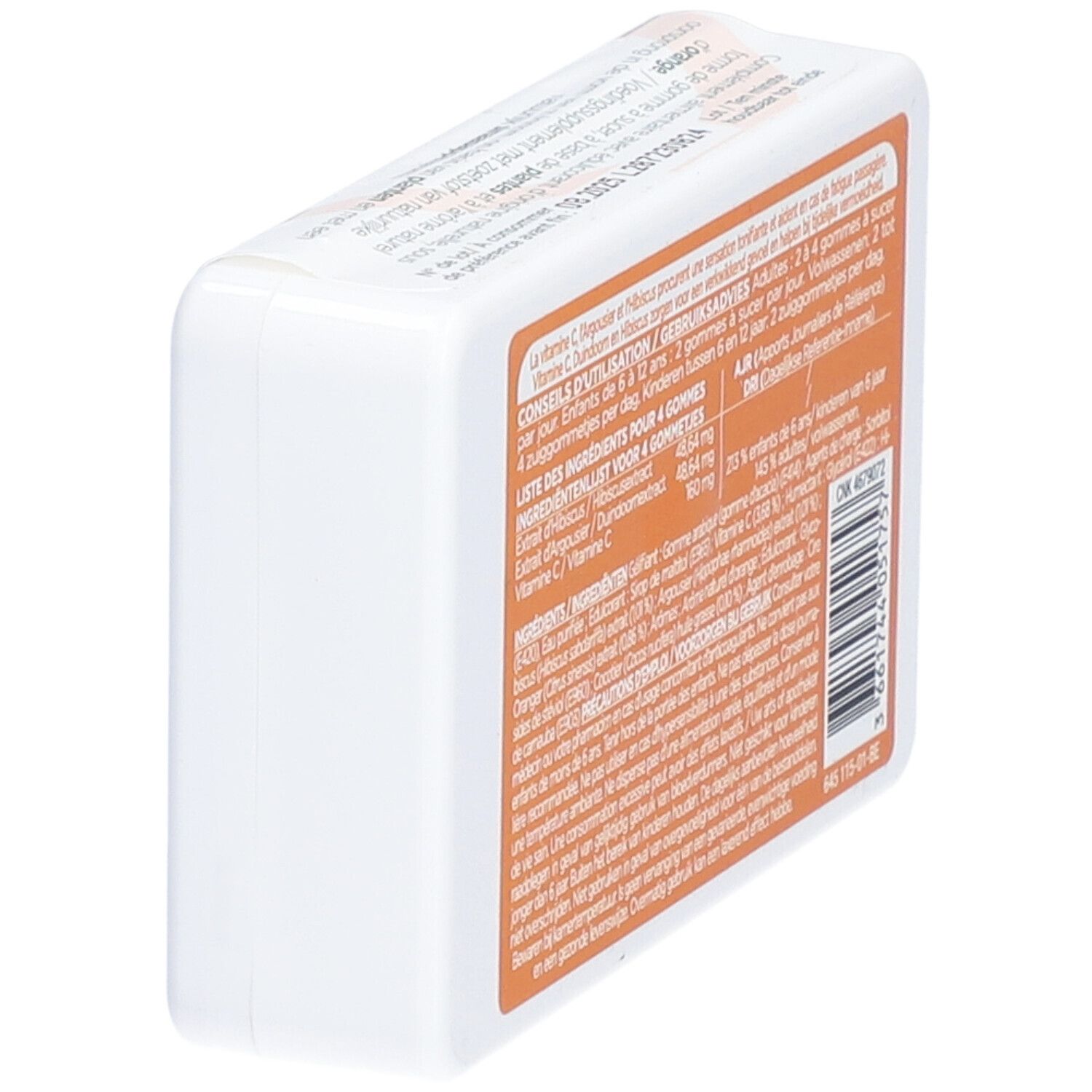 Dos incliné de la boîte blanche. Texte multilingue. Liste des ingrédients et conseils d'utilisation. Aucune marque visible.