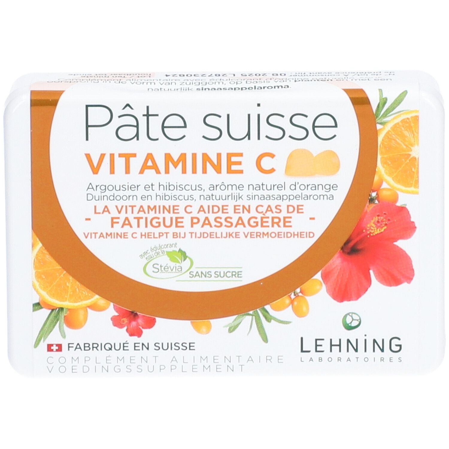 Boîte blanche "Pâte suisse Vitamine C". Illustrations d'orange et d'hibiscus. "Sans sucre" et "Lehning Laboratoires" visibles.