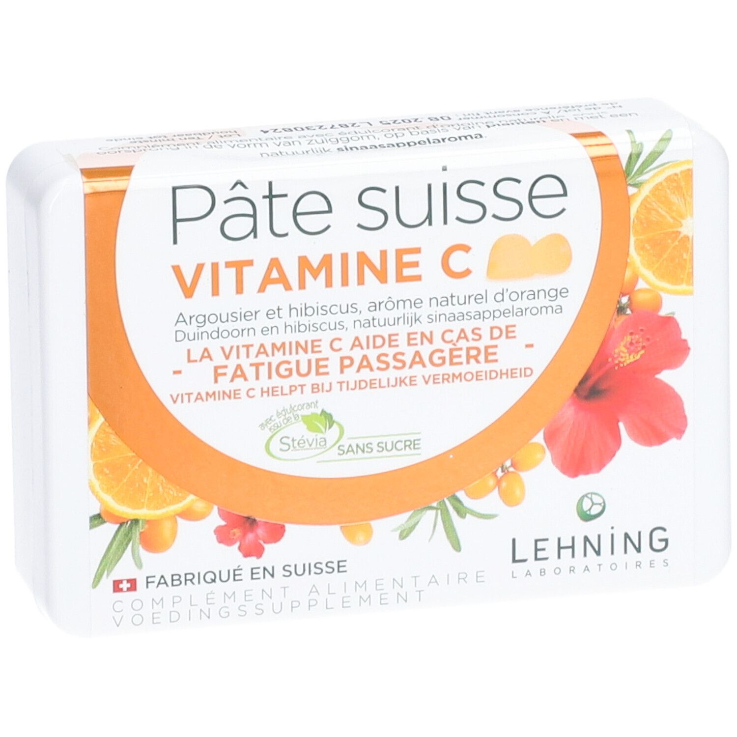 Boîte blanche "Pâte suisse Vitamine C". Illustrations d'orange et d'hibiscus. "Sans sucre" et "Lehning Laboratoires" visibles.