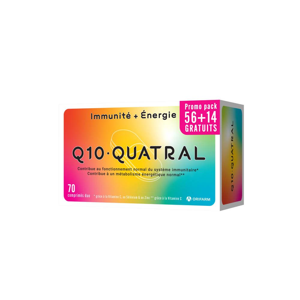 Boîte Q10 Quatral. Inscription : 70 comprimés, Promo pack 56+14 GRATUITS. Couleurs : blanc, orange, jaune, vert, bleu, rose.