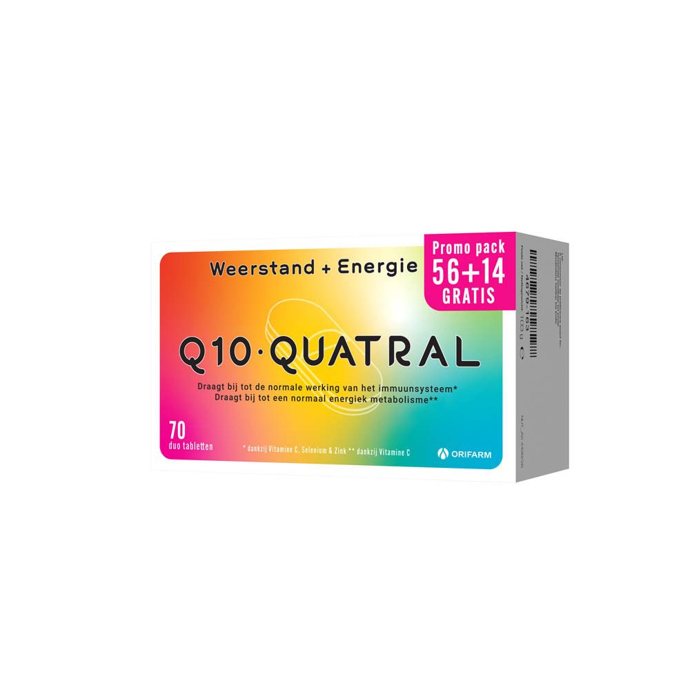 Verpakking Q10 Quatral. Opschrift: 70 tabletten, Promo pack 56+14 GRATIS. Kleuren: wit, oranje, geel, groen, blauw, roze.