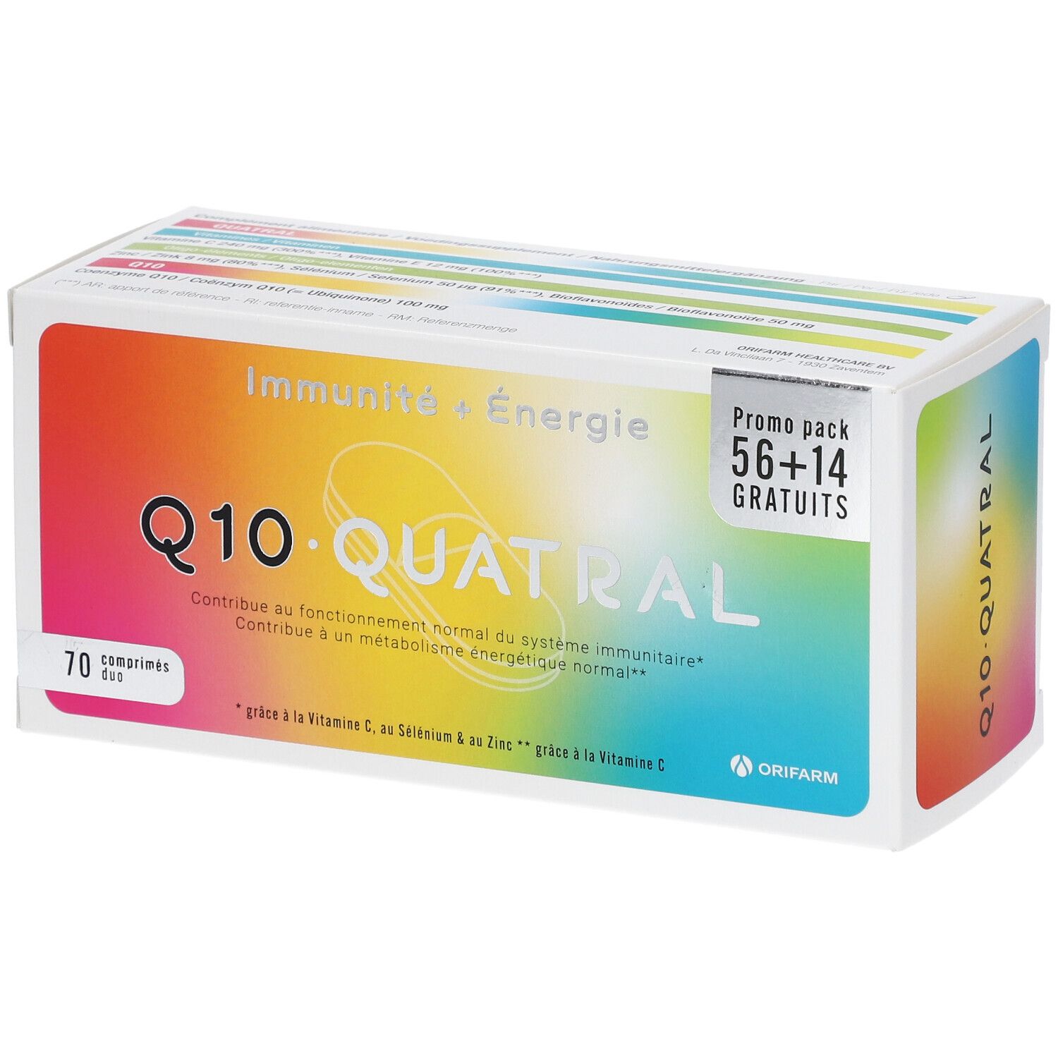 Doosje Q10 Quatral. Opschrift: 70 tabletten, Promo pack 56+14 GRATIS. Kleuren: wit, oranje, geel, groen, blauw, roze.