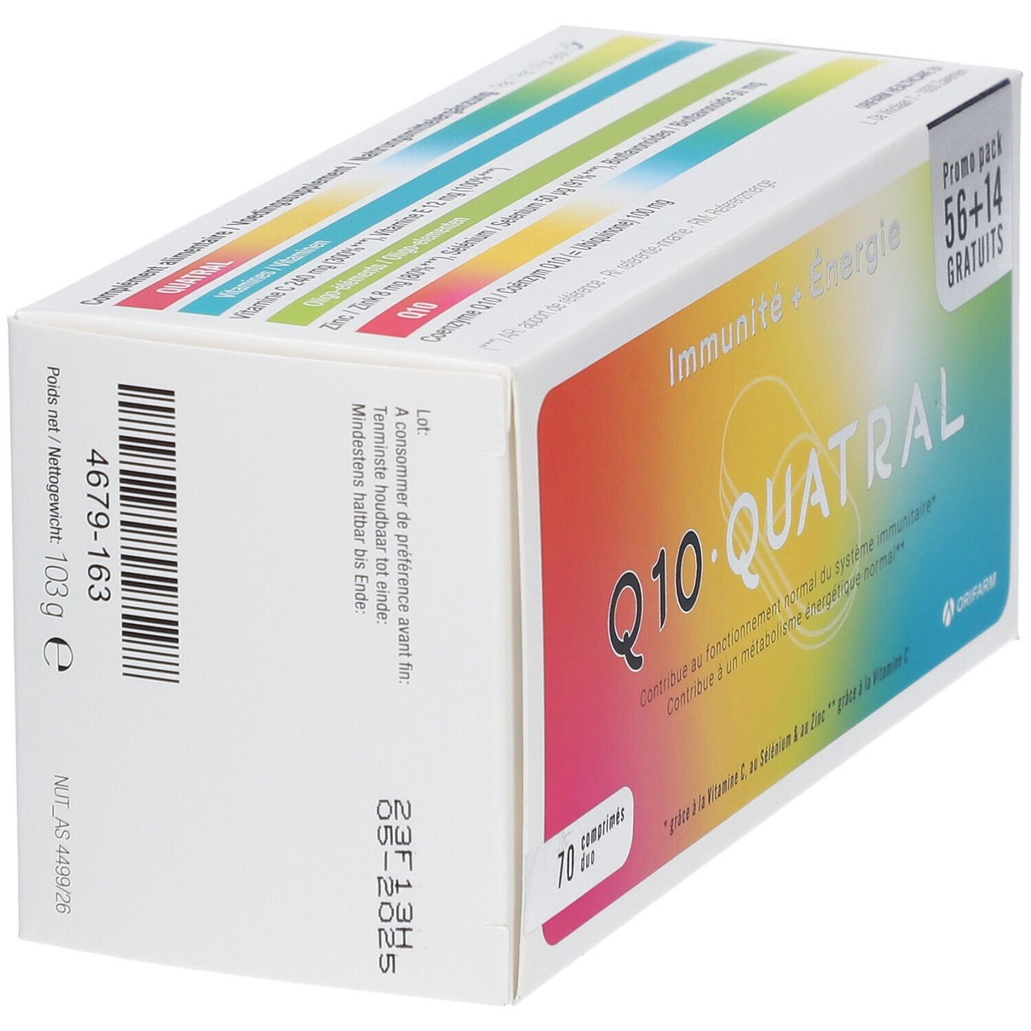 Zijkant van een doosje Q10 Quatral. Opschrift: 70 tabletten, Promo pack 56+14 GRATIS. Barcode en andere informatie.