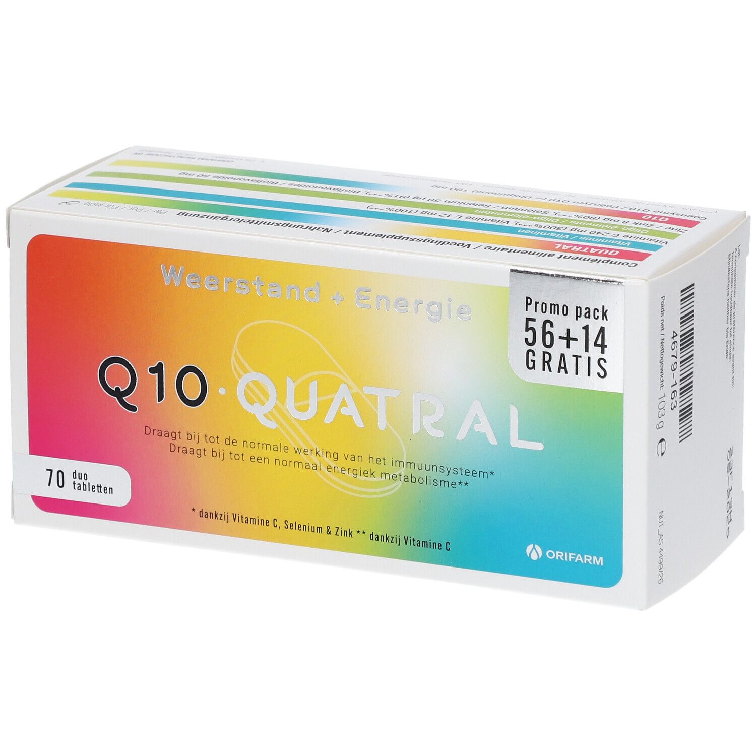 Doosje Q10 Quatral. Opschrift: 70 tabletten, Promo pack 56+14 GRATIS. Kleuren: wit, oranje, geel, groen, blauw, roze.