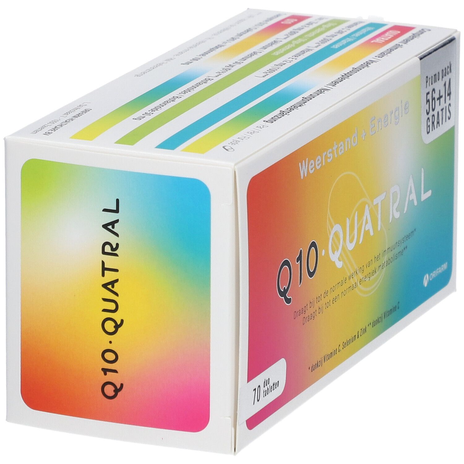 Zijkant van een doosje Q10 Quatral. Opschrift: 70 tabletten, Promo pack 56+14 GRATIS. Kleuren: wit, oranje, geel, groen, blauw, roze.