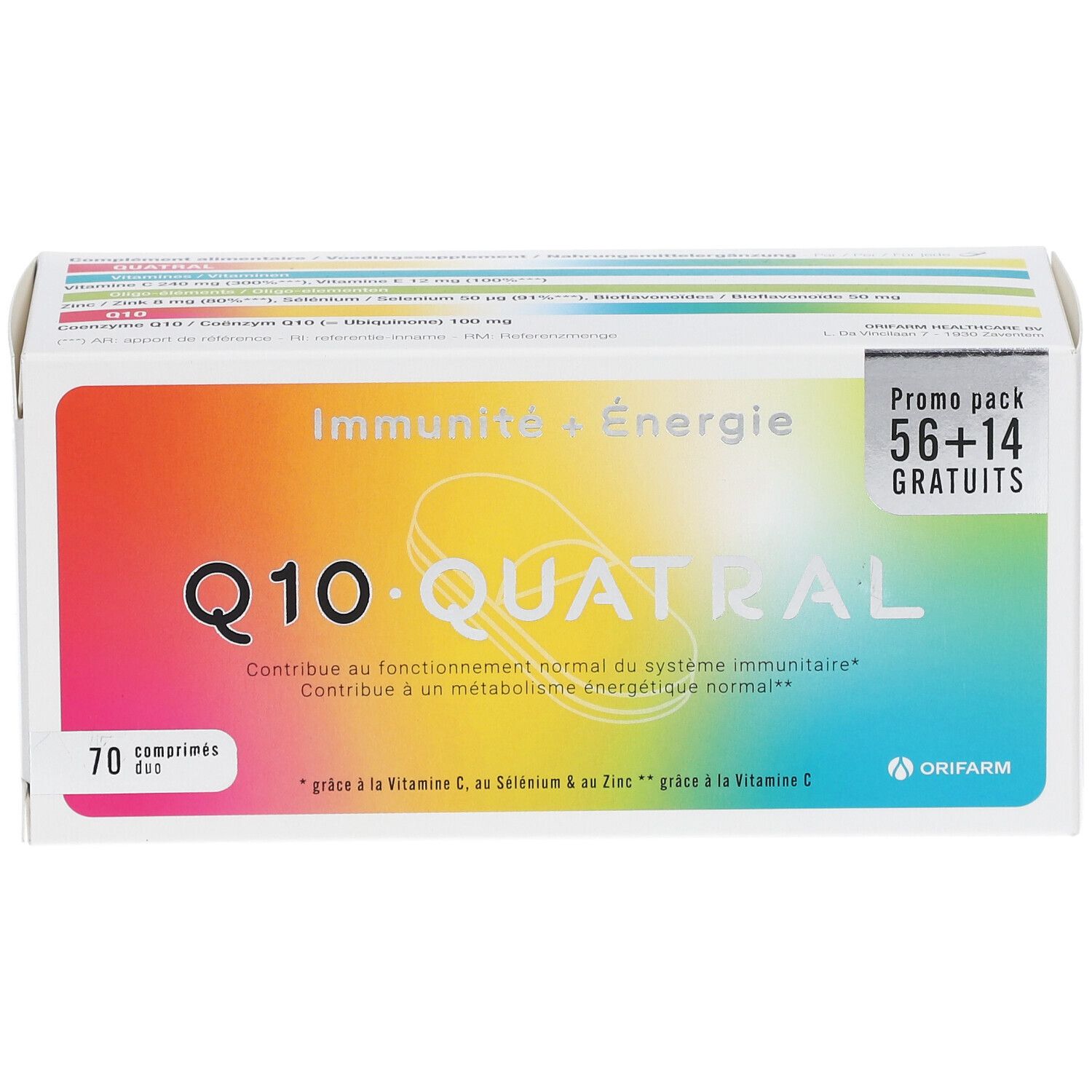 Doosje Q10 Quatral. Opschrift: 70 tabletten, Promo pack 56+14 GRATIS. Kleuren: wit, oranje, geel, groen, blauw, roze.