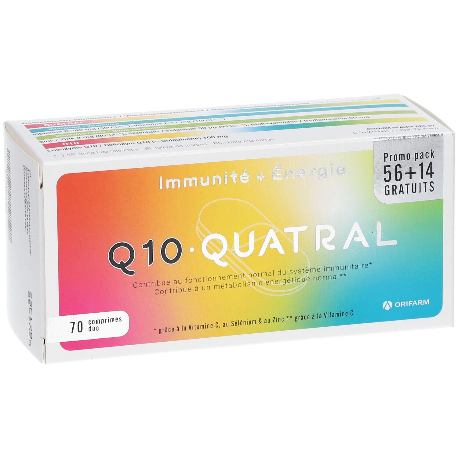 Doosje Q10 Quatral. Opschrift: 70 tabletten, Promo pack 56+14 GRATIS. Kleuren: wit, oranje, geel, groen, blauw, roze.