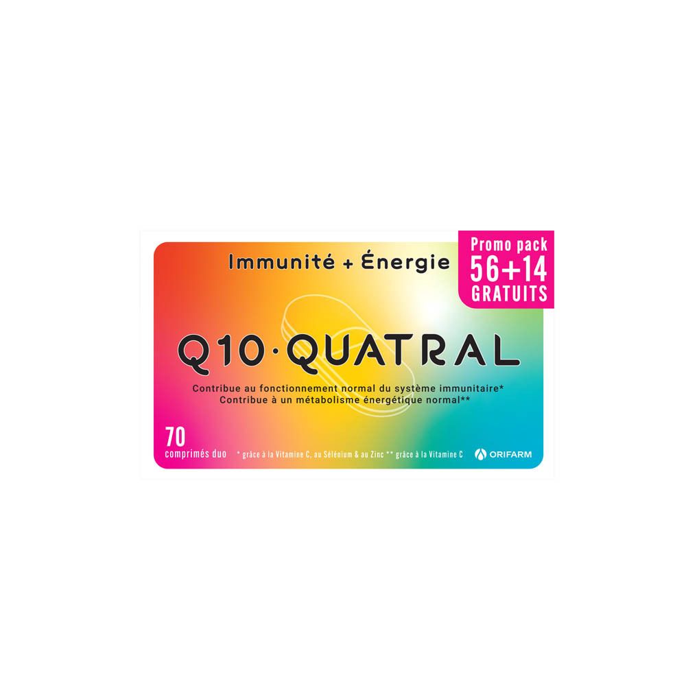 Boîte Q10 Quatral. Inscription : 70 comprimés, Promo pack 56+14 GRATUITS. Couleurs : blanc, orange, jaune, vert, bleu, rose.