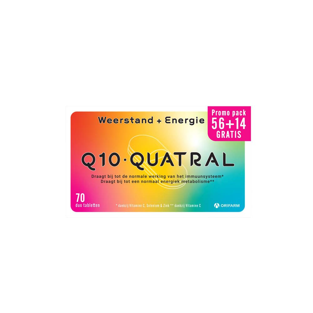 Verpakking Q10 Quatral. Opschrift: 70 tabletten, Promo pack 56+14 GRATIS. Kleuren: wit, oranje, geel, groen, blauw, roze.