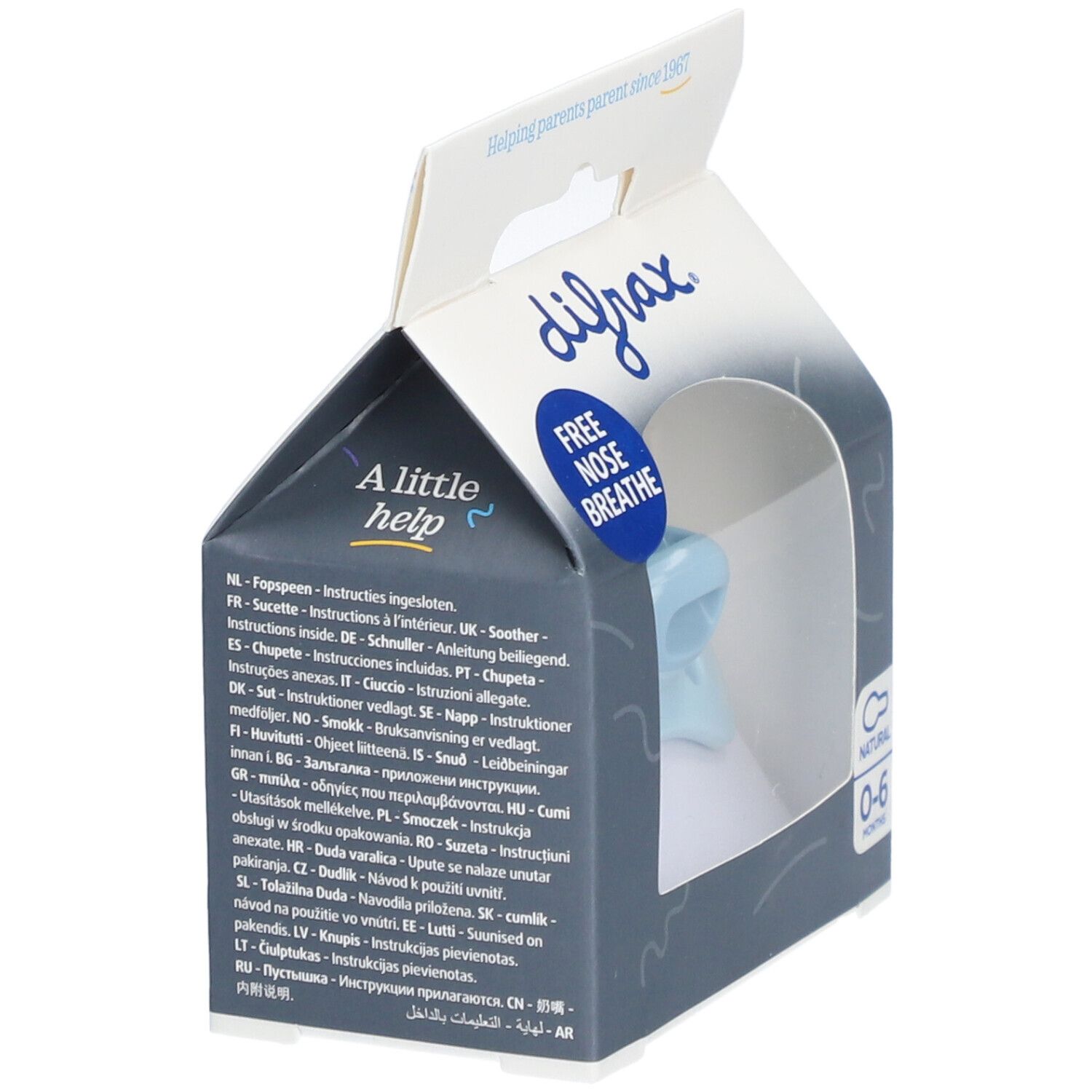 Verpackung mit hellblauem Schnuller. Marke Difrax. Text: "Free nose breathe". Anweisungen in mehreren Sprachen.