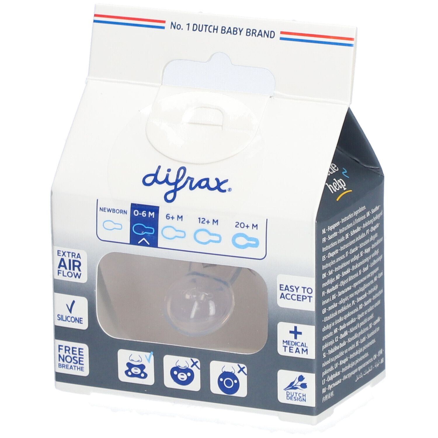 Verpackung mit Schnuller. Marke Difrax. Text: "Extra Air Flow", "Silicone", "Free nose breathe". Für 0-6 Monate.