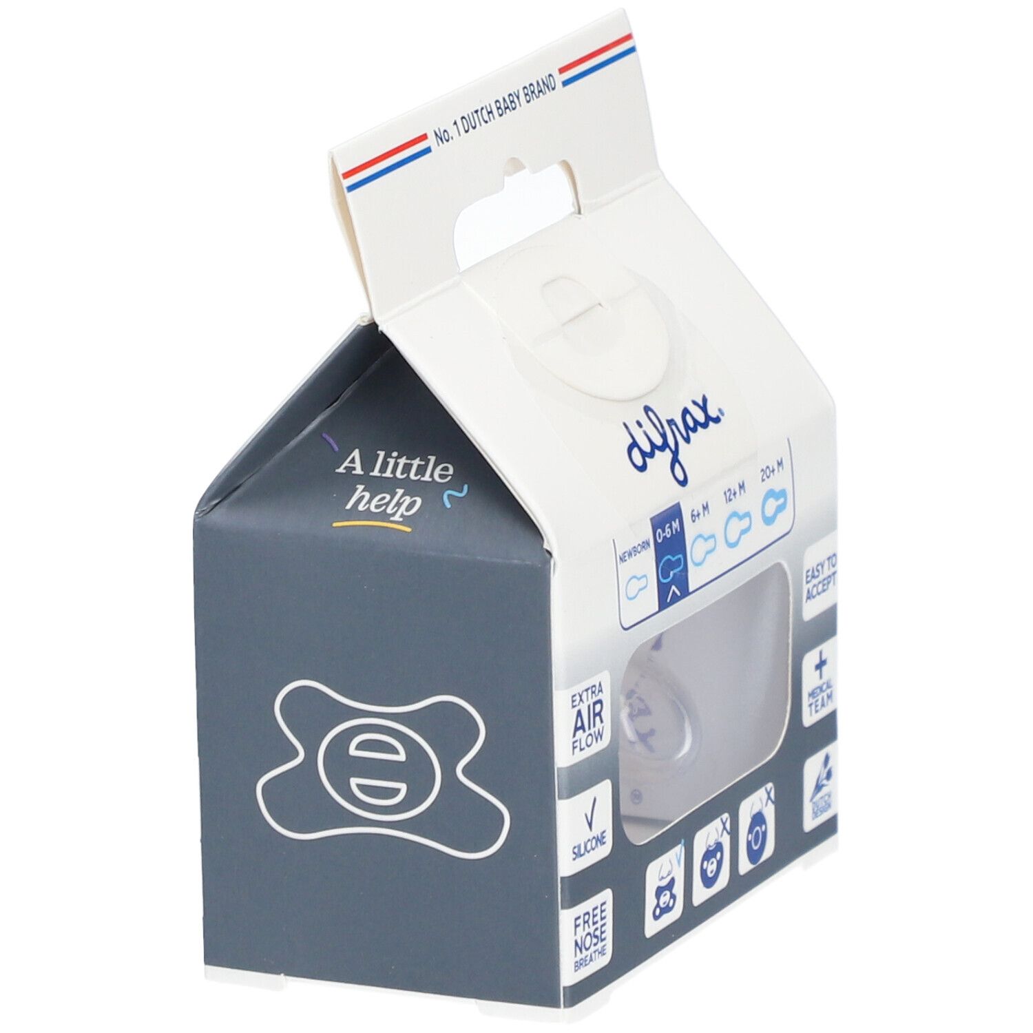 Verpackung mit Schnuller. Marke Difrax. Text: "Extra Air Flow", "Silicone", "Free nose breathe". Für 0-6 Monate.