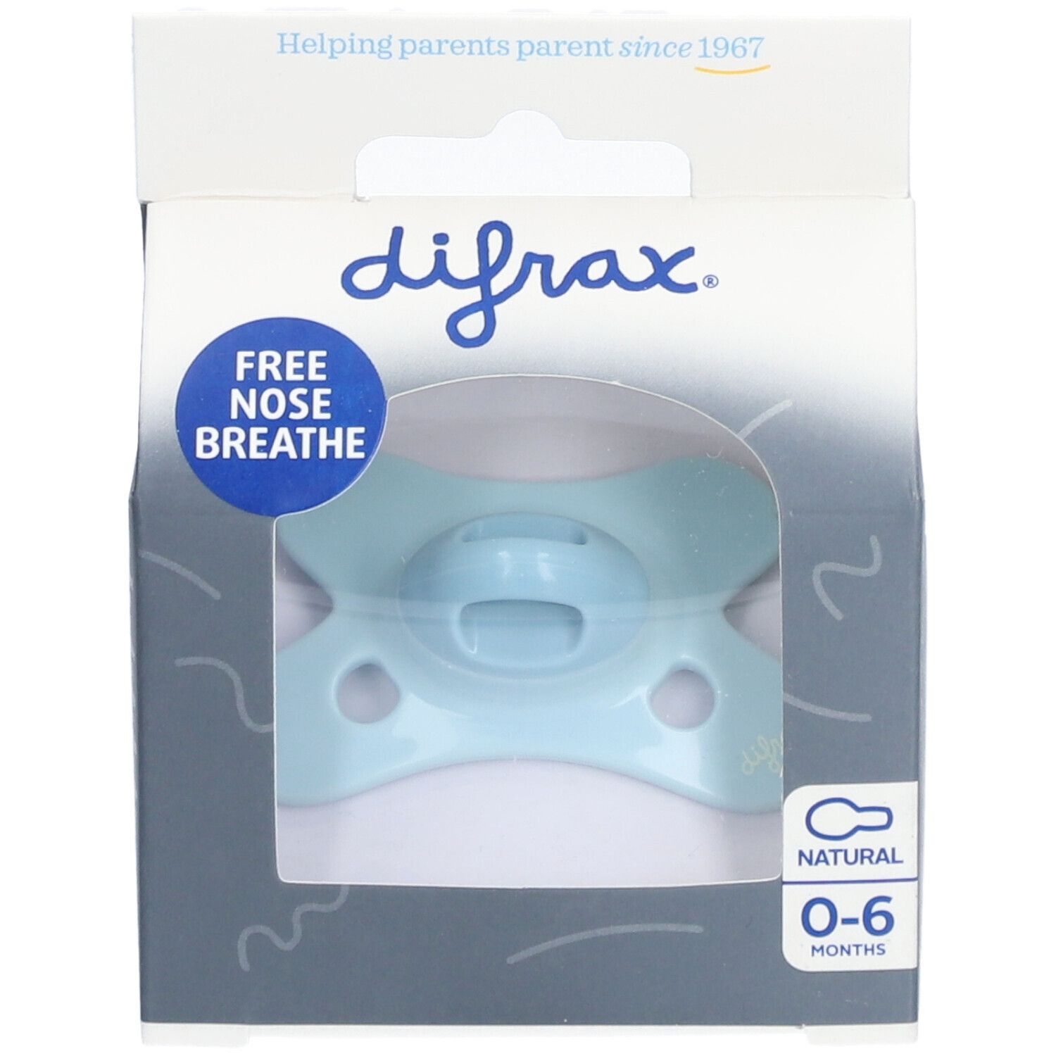 Hellblaues Schnuller in Verpackung. Marke Difrax, 0-6 Monate. Text: "Free nose breathe" und "Natural".
