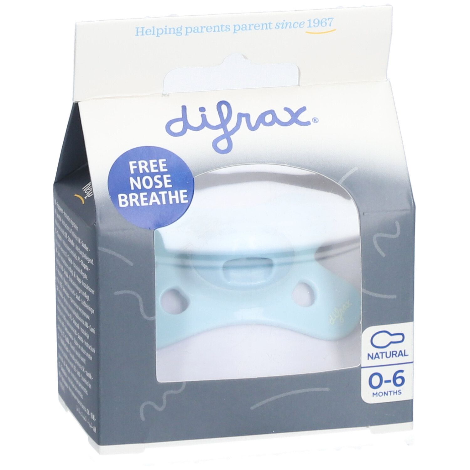 Hellblaues Schnuller in Verpackung. Marke Difrax, 0-6 Monate. Text: "Free nose breathe" und "Natural".