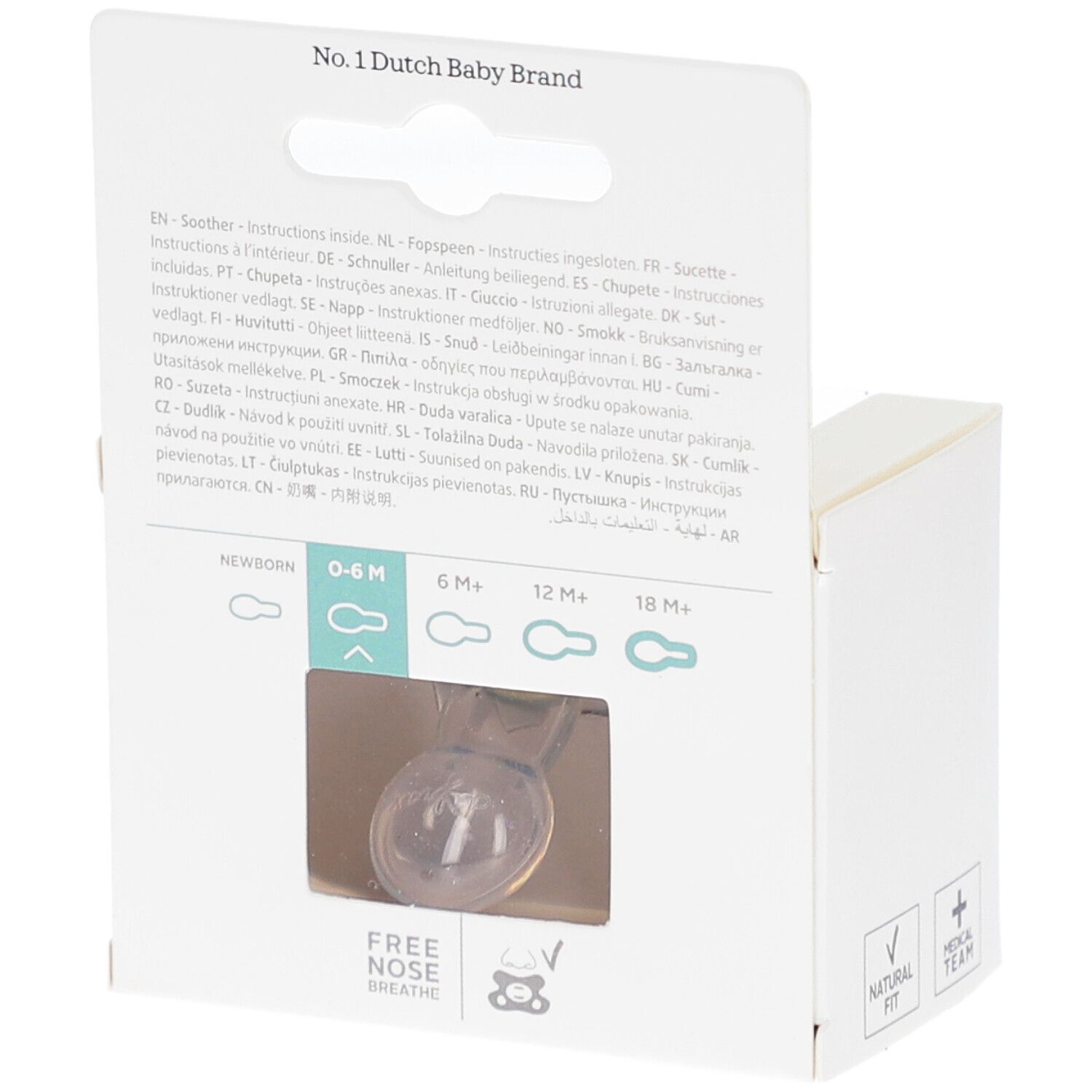 Rückseite der Verpackung. Mehrsprachige Informationen. Sichtfenster mit Schnuller. 0-6M.