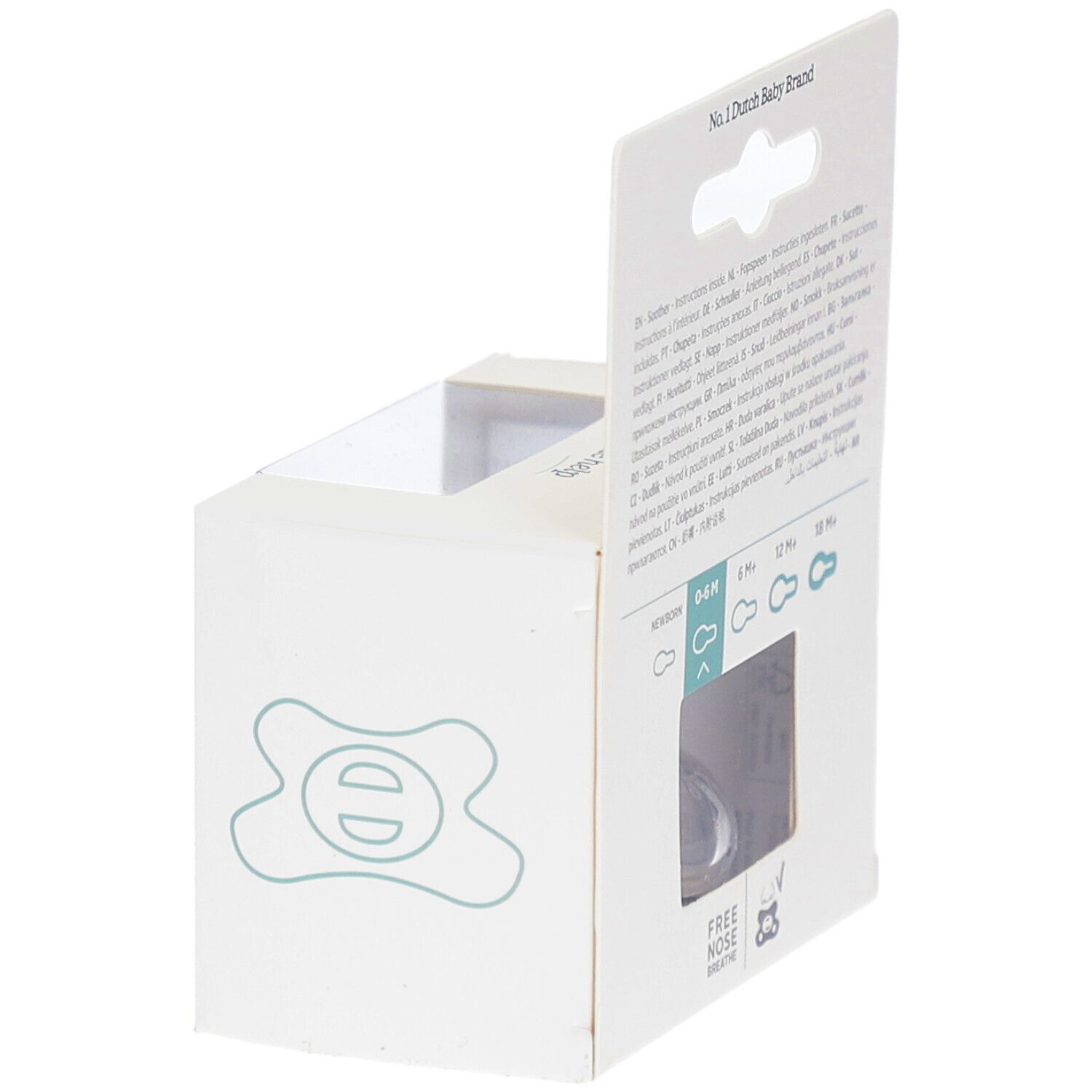 Verpackung, Rückseite. Mehrsprachige Informationen. Sichtfenster mit Schnuller. 0-6M.