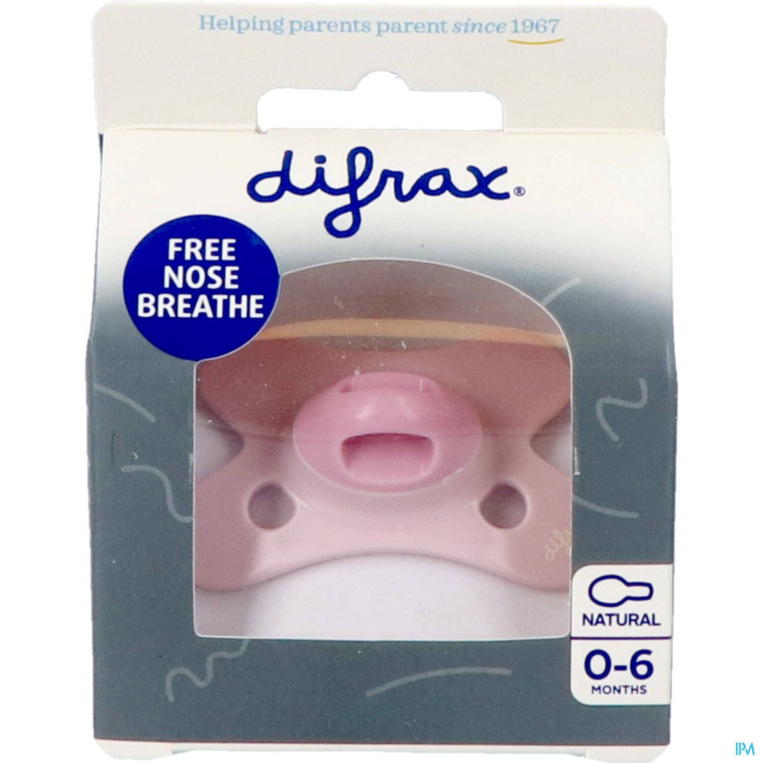Sucette rose dans son emballage. Visible : marque Difrax, âge 0-6 mois, inscription "Free Nose Breathe".