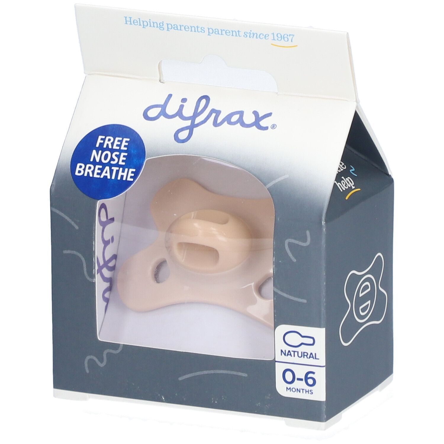 Sucette beige dans un emballage ouvert. Visible : marque, recommandation d'âge 0-6 mois et 'Free Nose Breathe'.