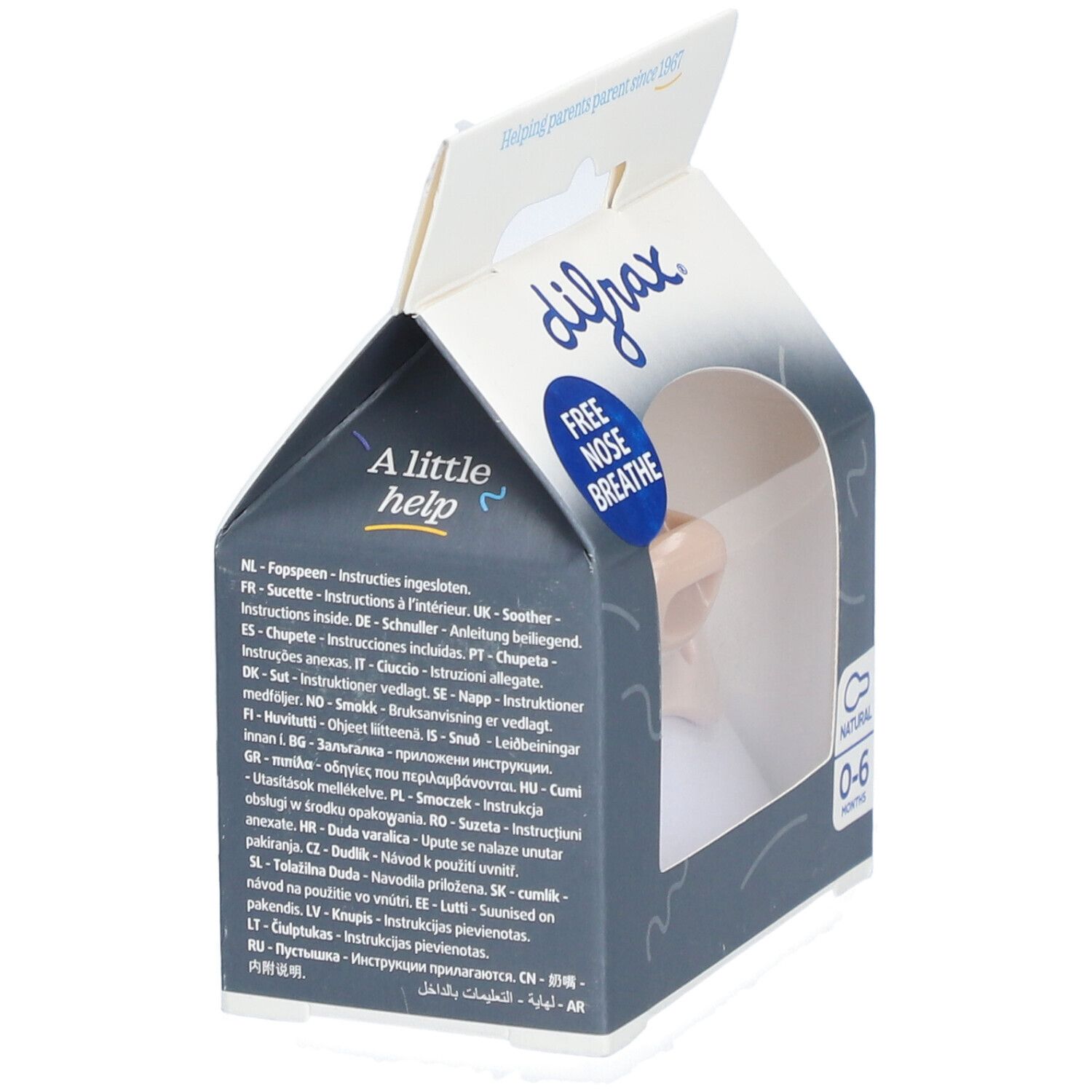 Emballage ouvert avec sucette beige. Texte : 'Free Nose Breathe'. Instructions multilingues sur l'emballage.