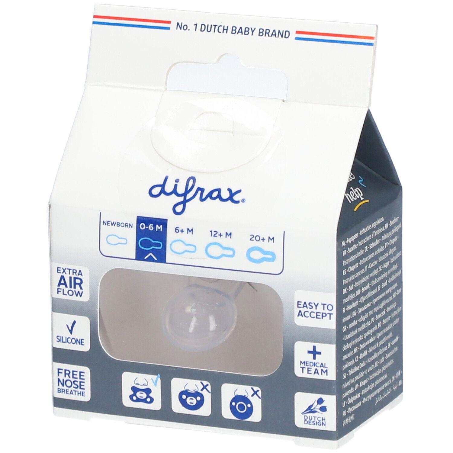 Emballage avec sucette transparente. Marque et recommandations d'âge. Texte : 'Extra Air Flow', 'Easy to Accept'.