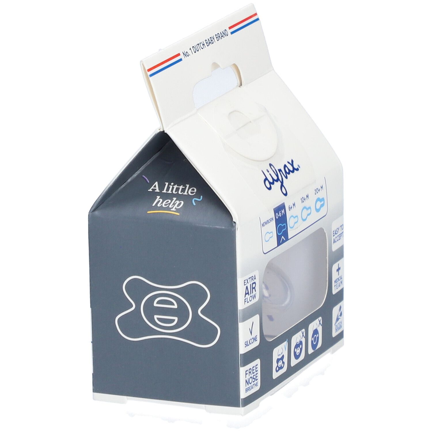 Emballage ouvert avec sucette transparente. Marque et recommandations d'âge. Texte : 'Extra Air Flow', 'Easy to Accept'.