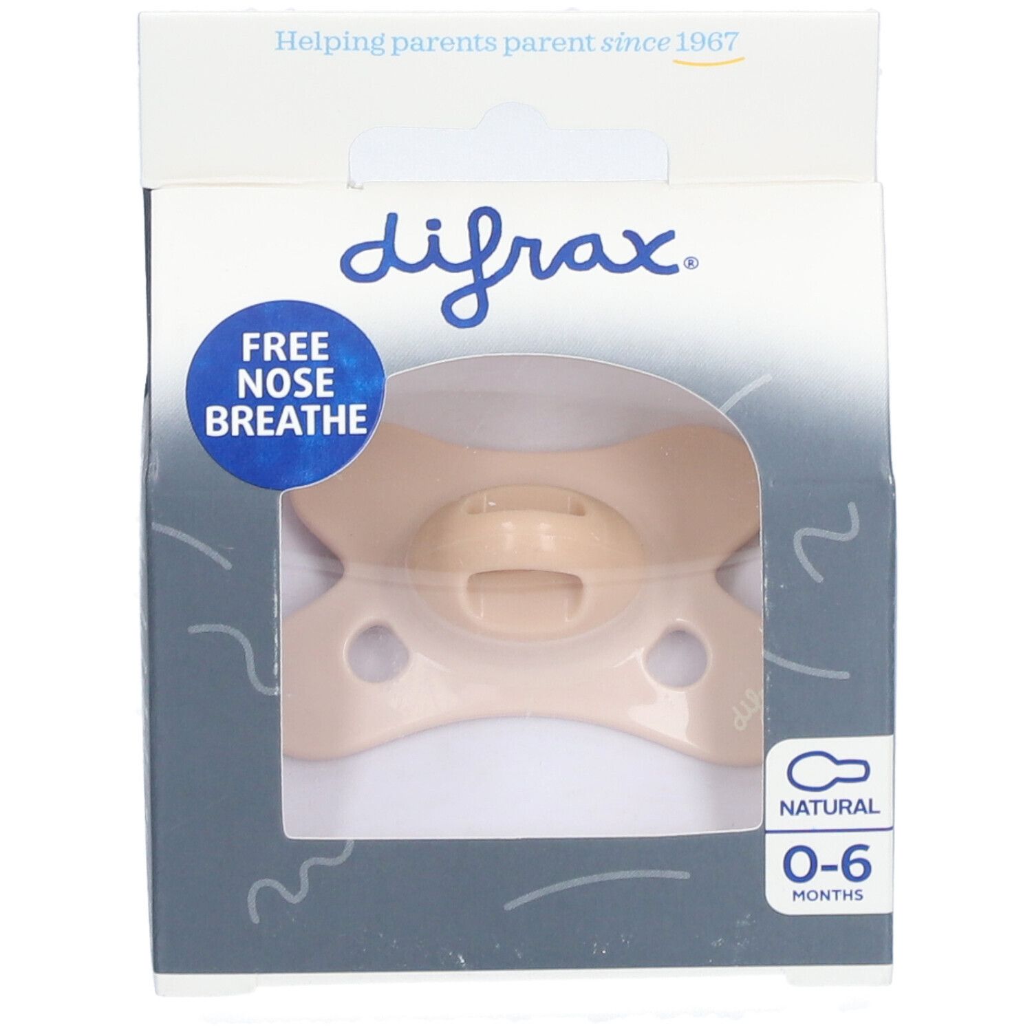 Sucette beige dans l'emballage. Marque, recommandation d'âge 0-6 mois. Texte : 'Free Nose Breathe' et 'Natural'.
