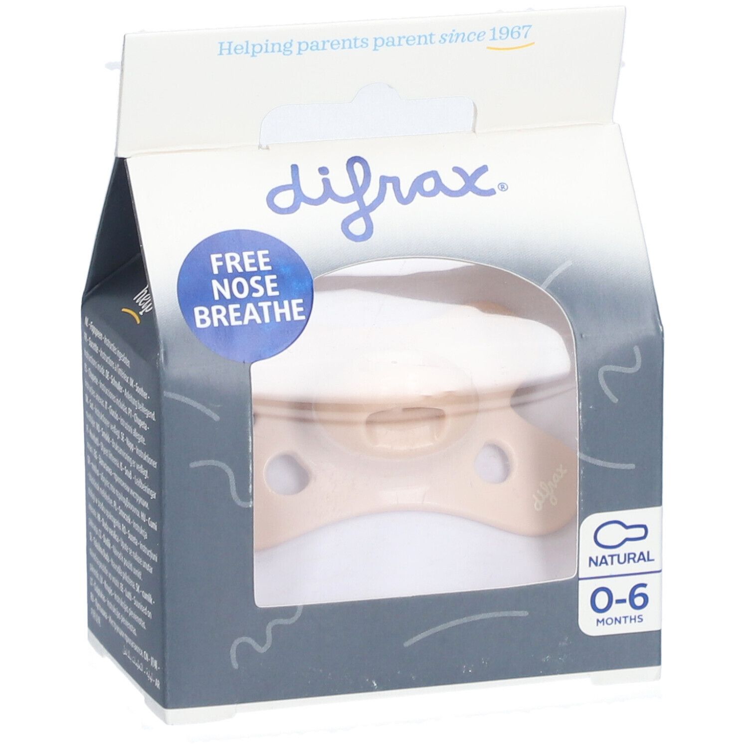 Sucette beige dans l'emballage. Marque, recommandation d'âge 0-6 mois. Texte : 'Free Nose Breathe' et 'Natural'.