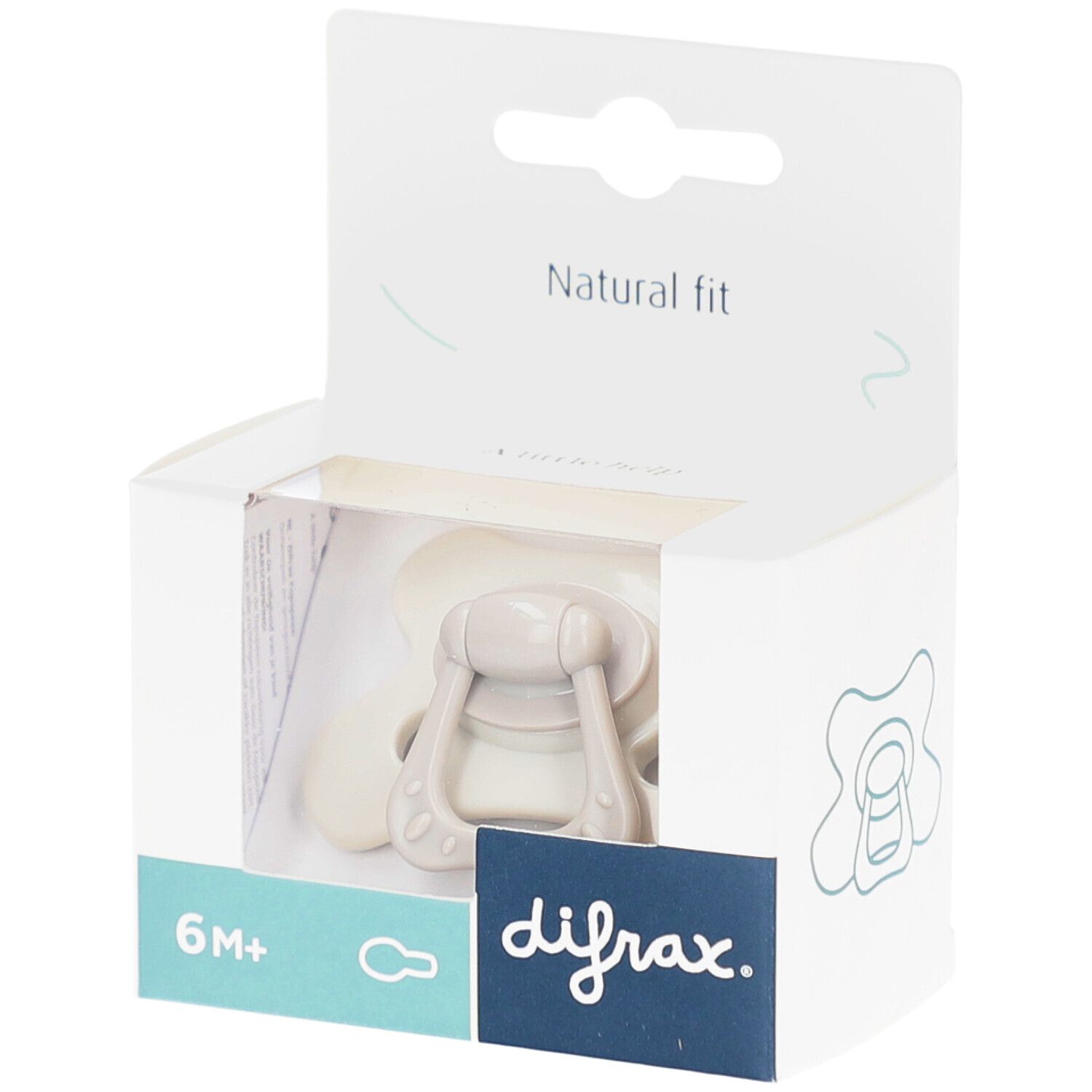 Schnuller in geöffneter Verpackung. Beige, mit Griff. Auf der Verpackung steht "difrax" und "6M+".