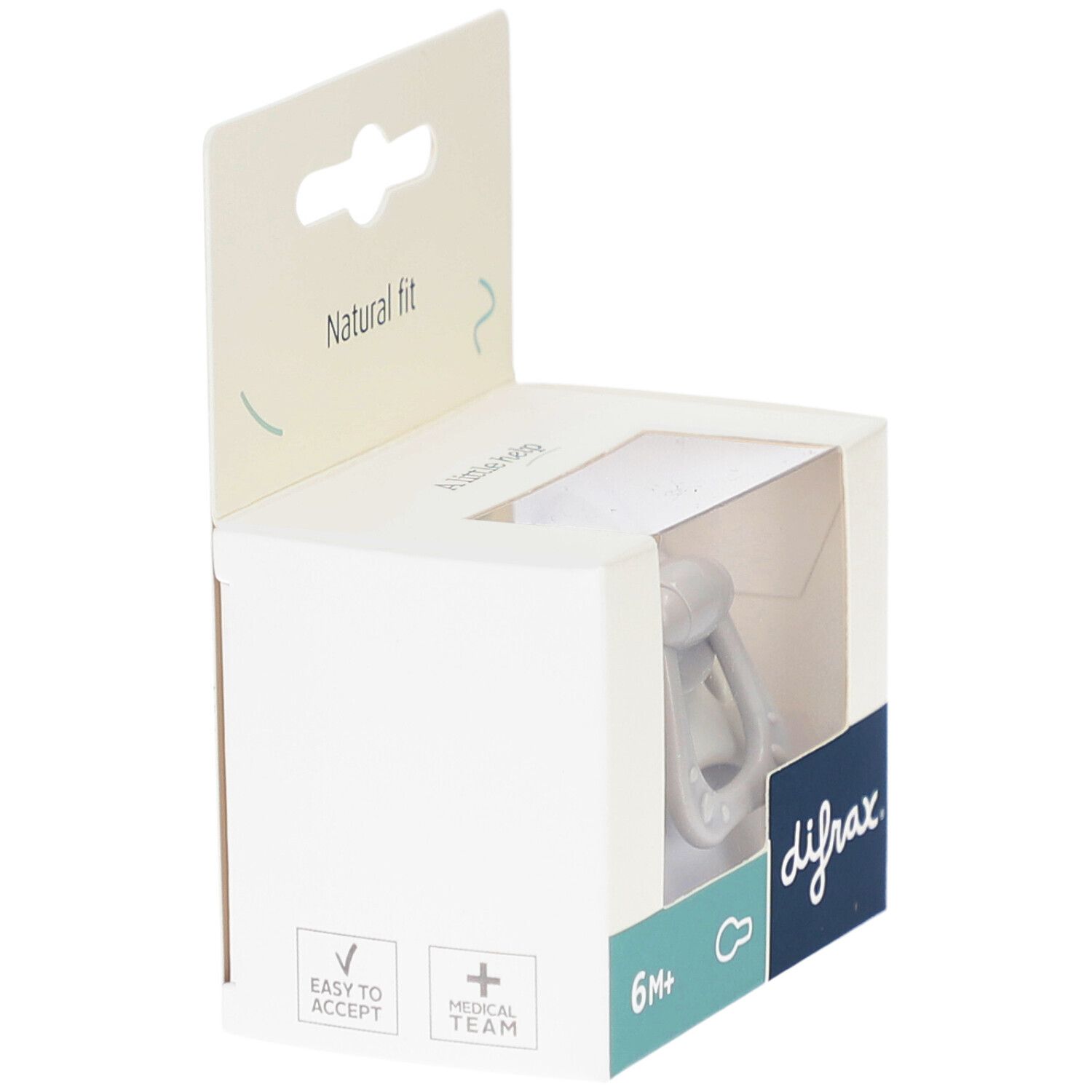 Geöffnete Verpackung mit Schnuller. Grau, mit Griff. Auf der Verpackung steht "difrax" und "6M+".