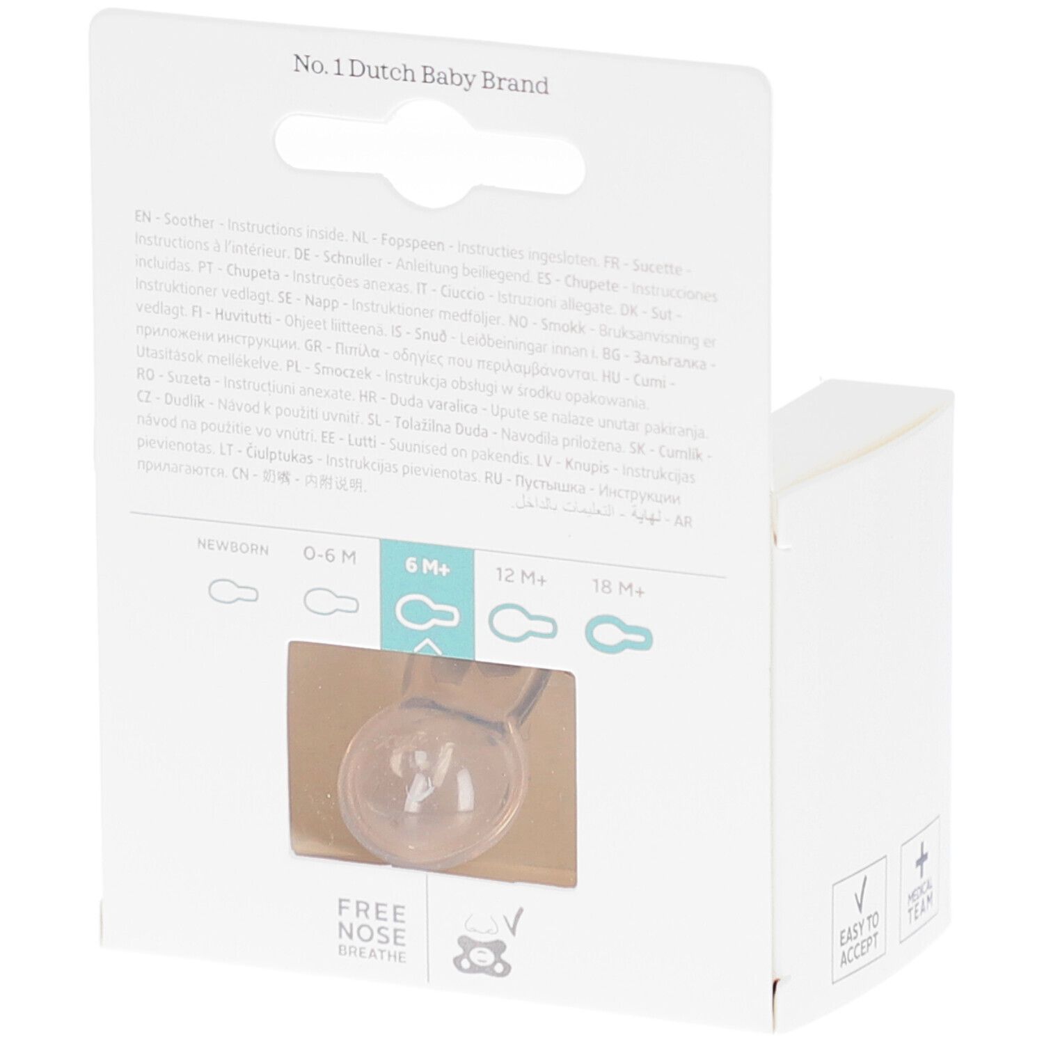 Rückseite der Verpackung mit Schnuller. Transparenter Schnuller. Text: "Free Nose Breathe", "6M+".