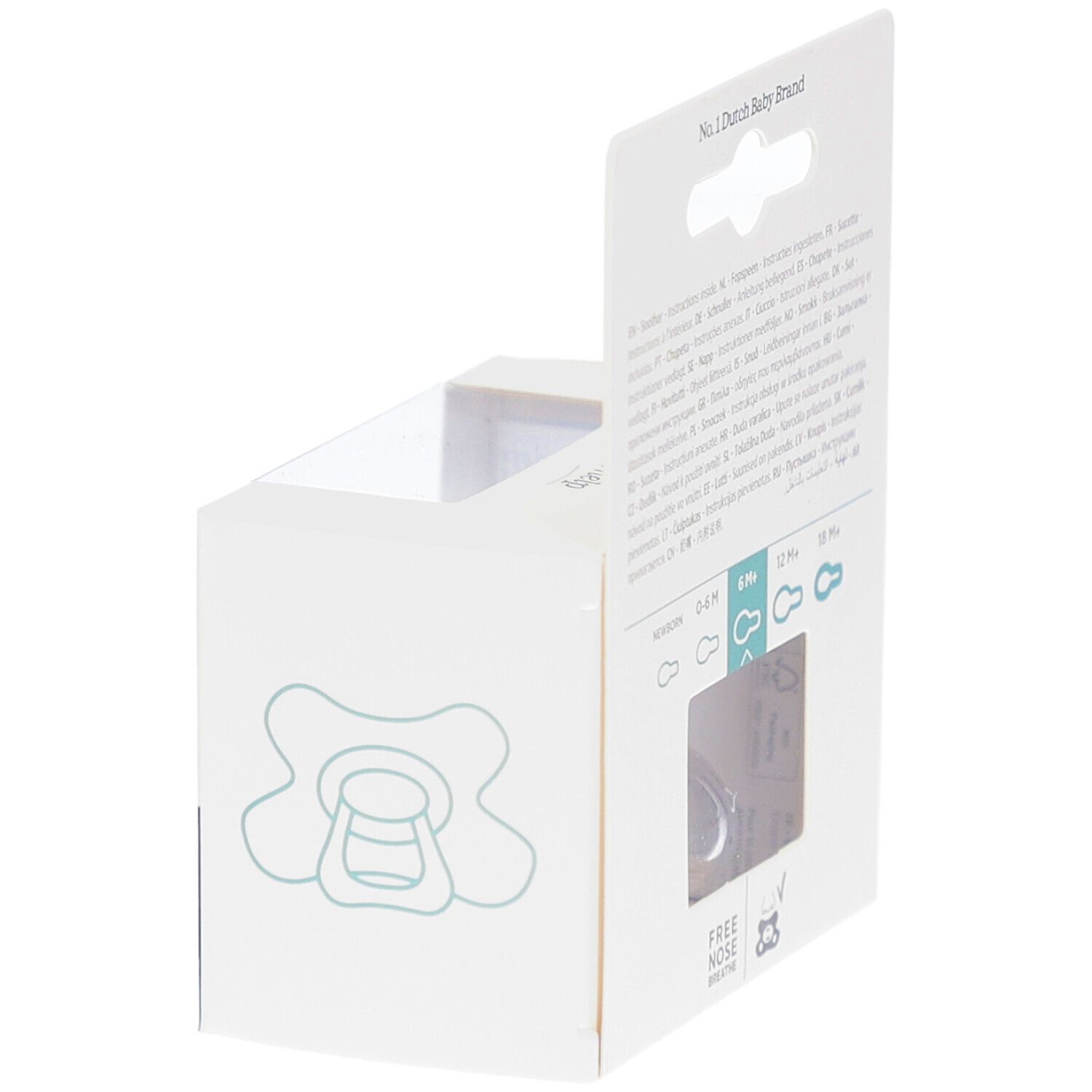 Rückseite der Verpackung mit Schnuller. Transparenter Schnuller. Text: "Free Nose Breathe", "6M+".