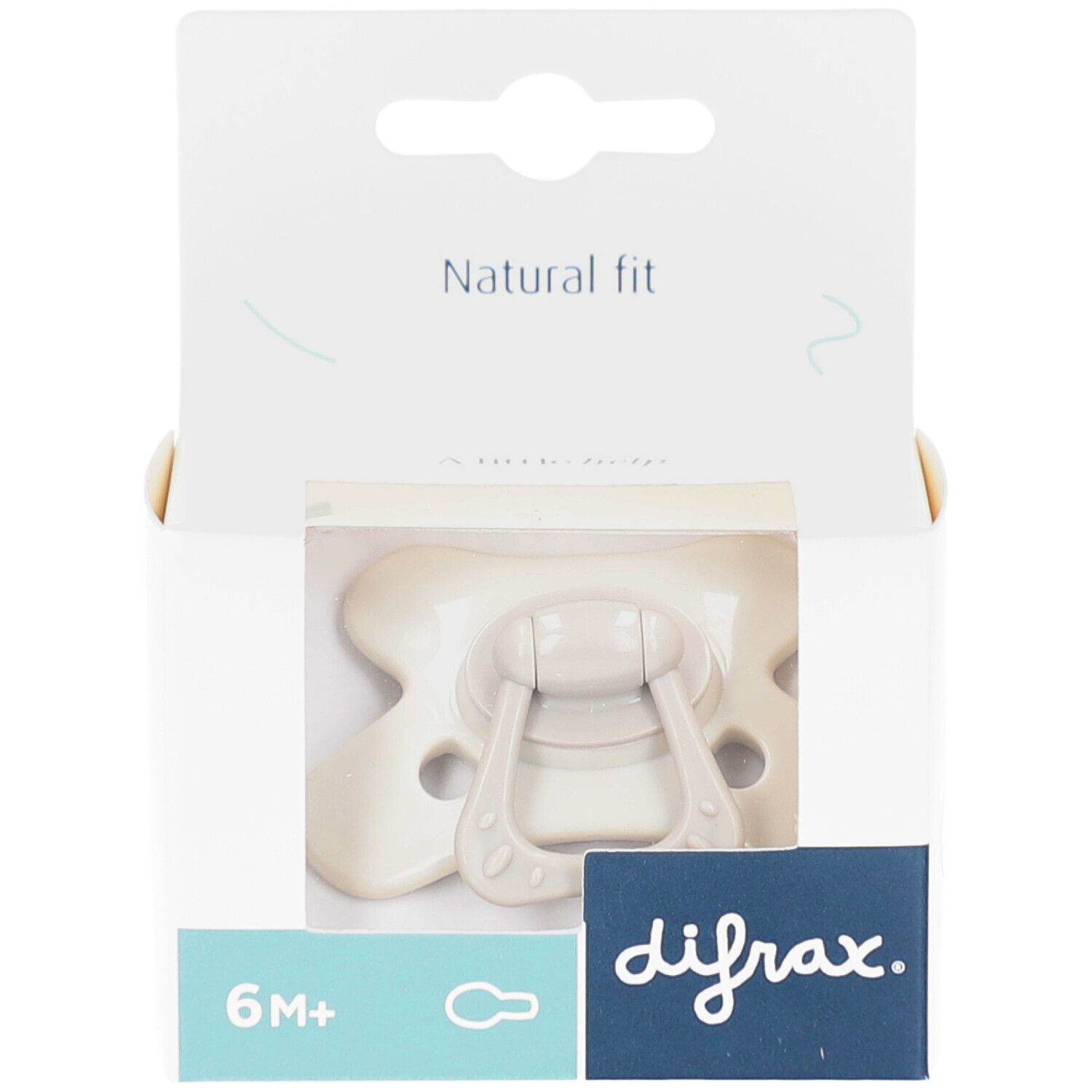 Schnuller in geöffneter Verpackung. Beige, mit Griff. Auf der Verpackung steht "difrax" und "6M+".