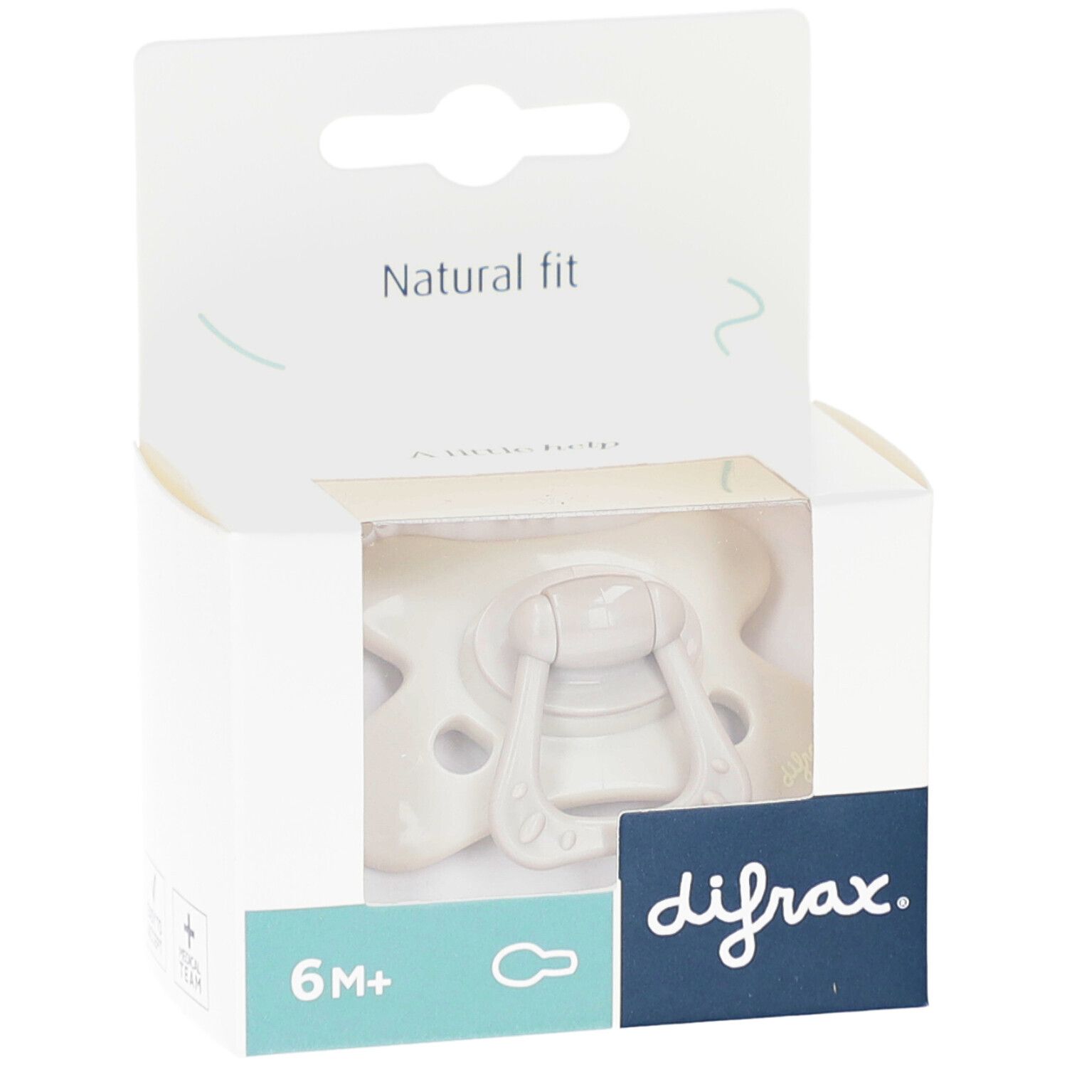 Schnuller in geöffneter Verpackung. Beige, mit Griff. Auf der Verpackung steht "difrax" und "6M+".