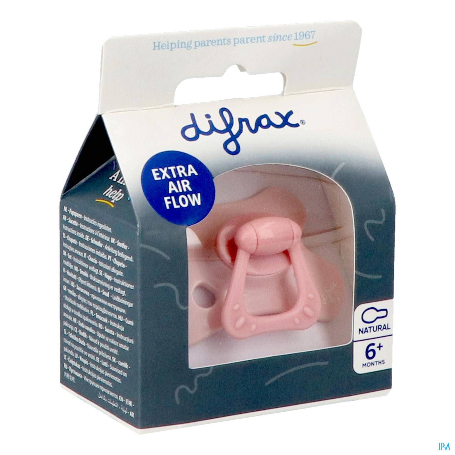 Roze fopspeen in verpakking. Merk Difrax, opschrift "Extra Air Flow" en "6+ Months".