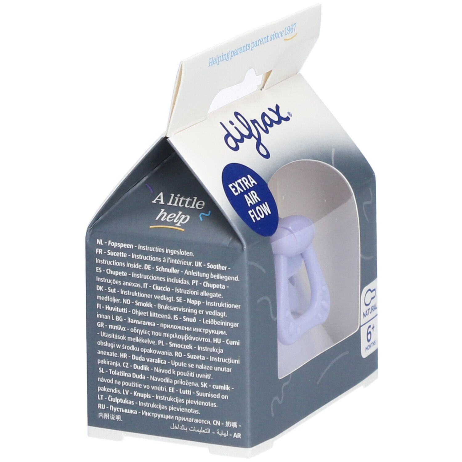 Emballage des sucettes Difrax. Informations multilingues. Extra Air Flow. 6+ mois.