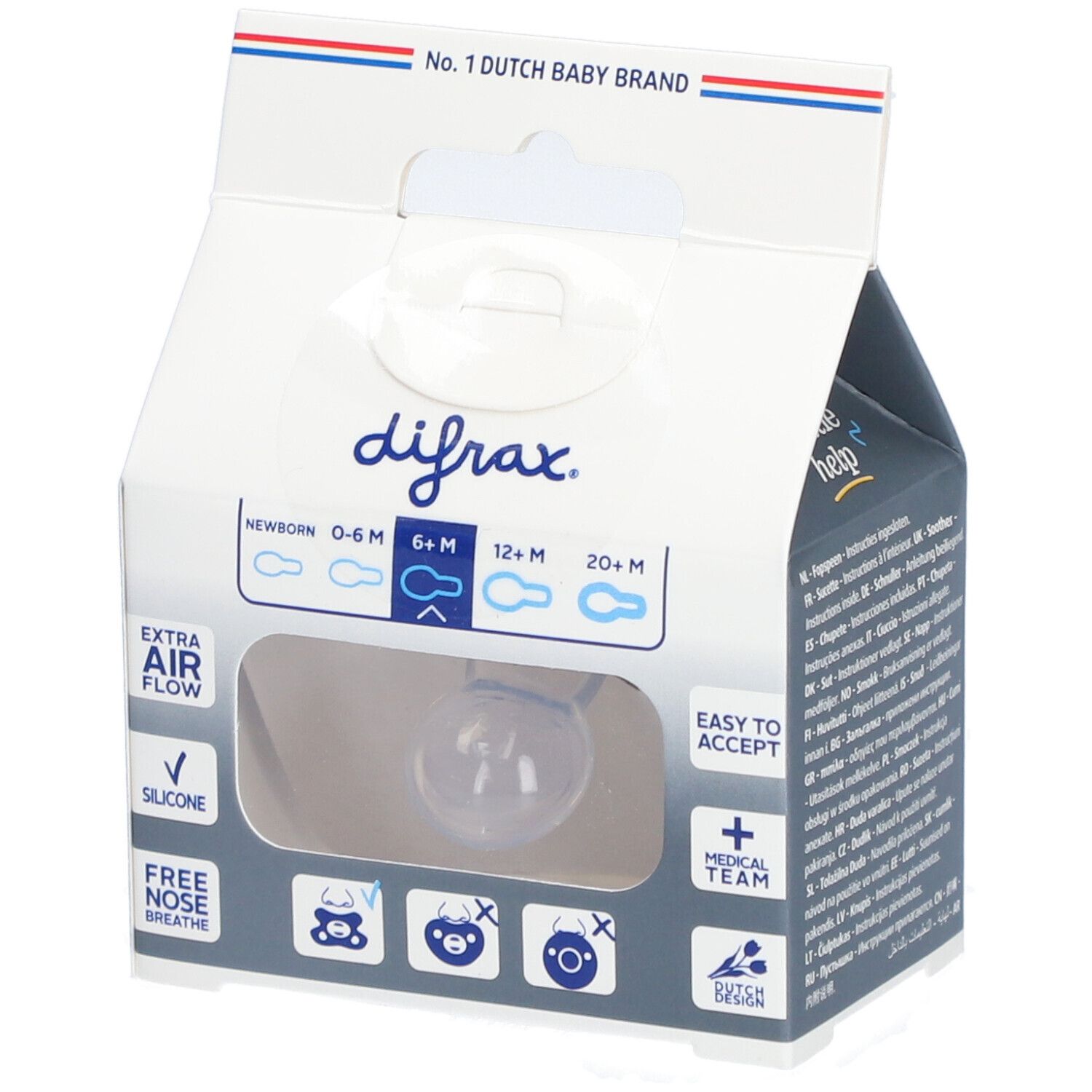 Sucette Difrax dans son emballage. 6+ mois. Extra Air Flow. Silicone. Facile à accepter.
